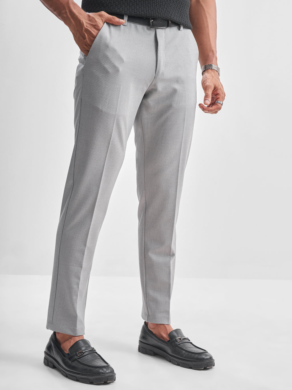 Highlander Men Grey Slim Fit Checked Formal Trouser - Grey - Image 6