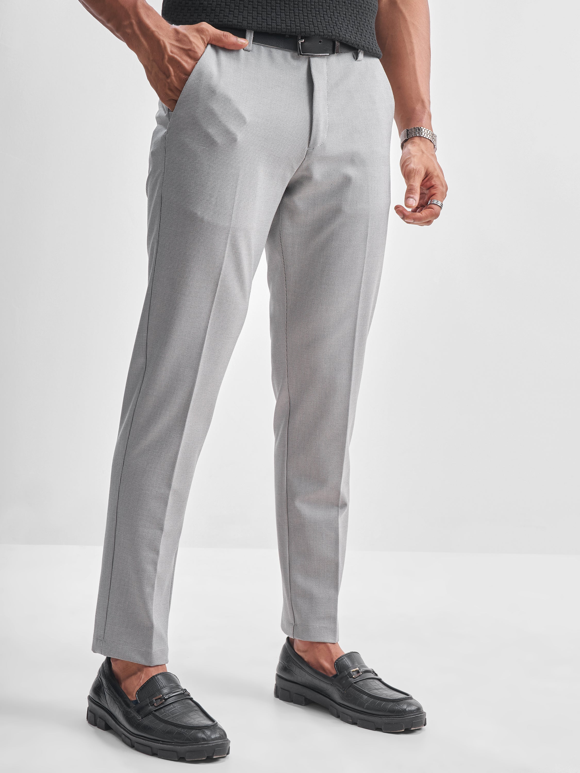 Highlander Men Grey Slim Fit Checked Formal Trouser - Grey - Image 6