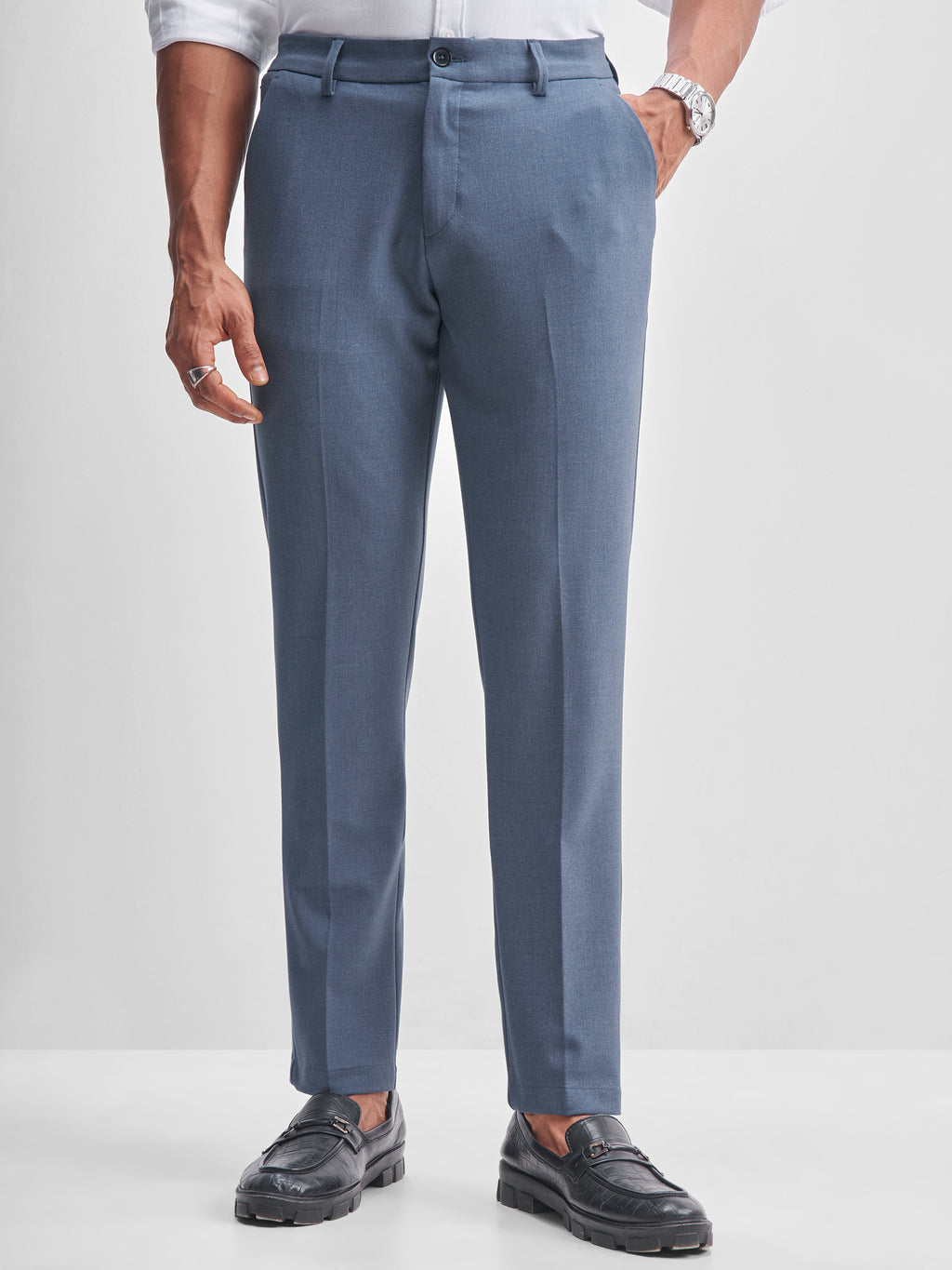 Highlander Men Blue Slim Fit Solid Formal Trouser - Blue - Image 4