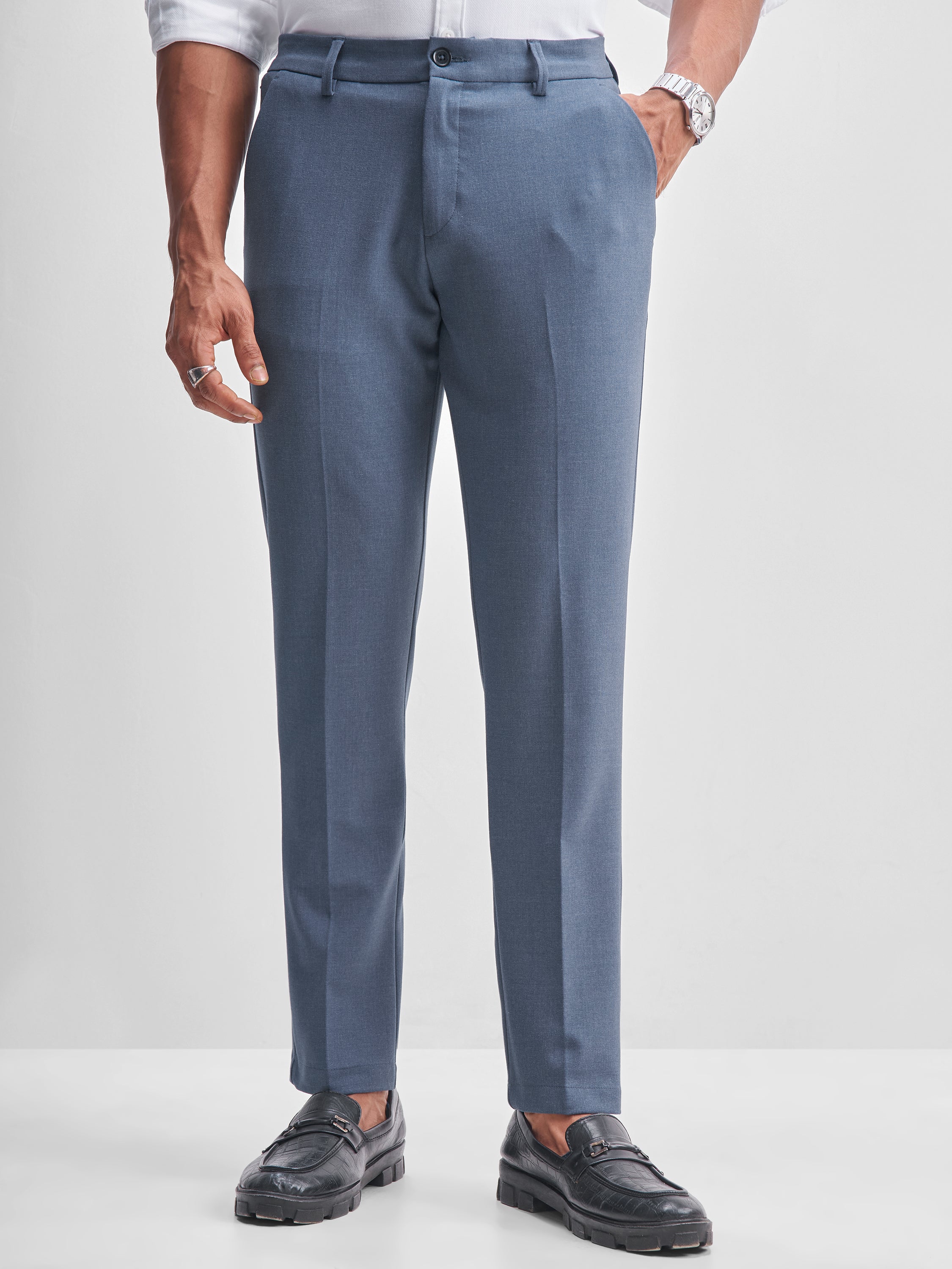 Highlander Men Blue Slim Fit Solid Formal Trouser - Blue - Image 4