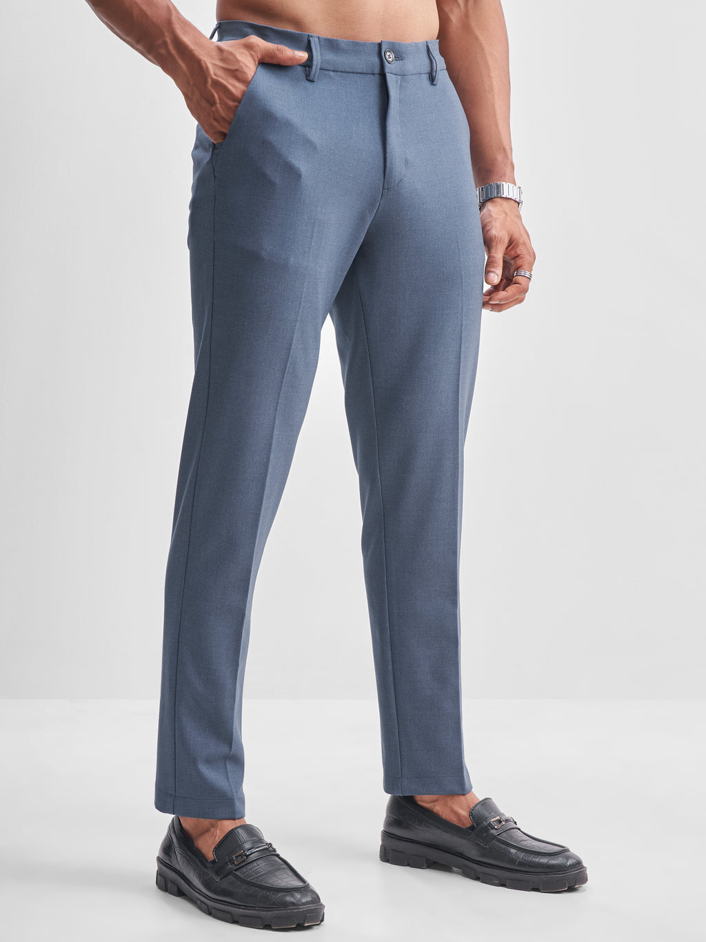 Highlander Men Blue Slim Fit Solid Formal Trouser - Blue - Image 6