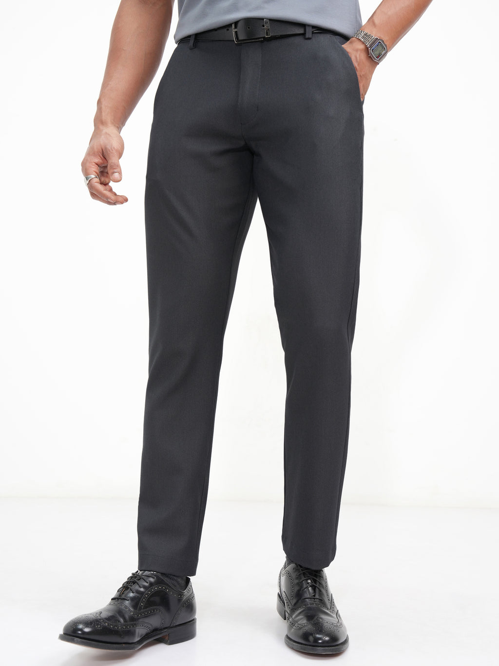Highlander Men Navy Blue Slim Fit Solid Casual Trouser - Navy Blue - Image 1