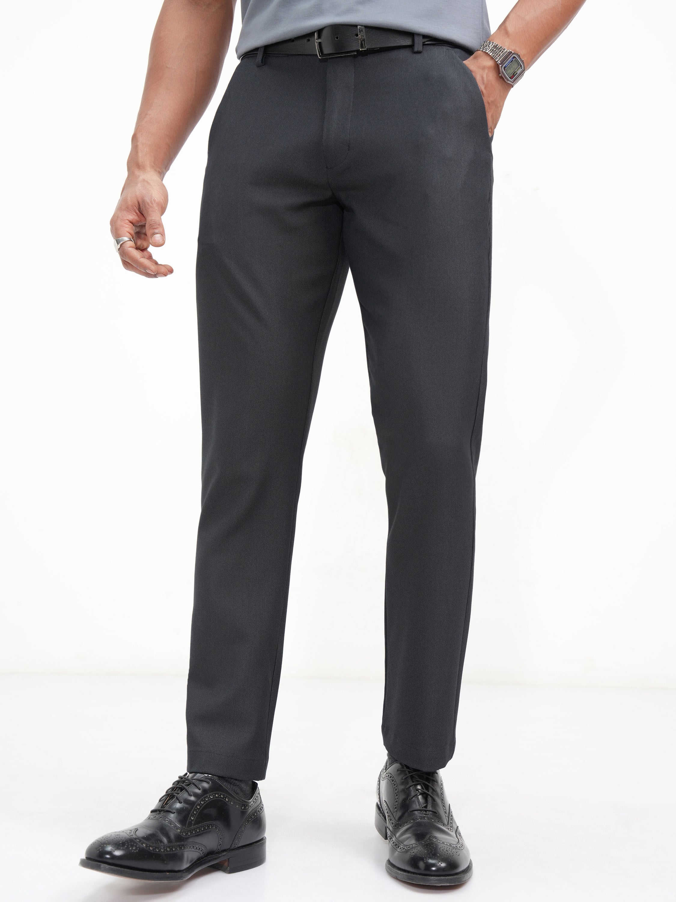 Highlander Men Navy Blue Slim Fit Solid Casual Trouser - Navy Blue - Image 1