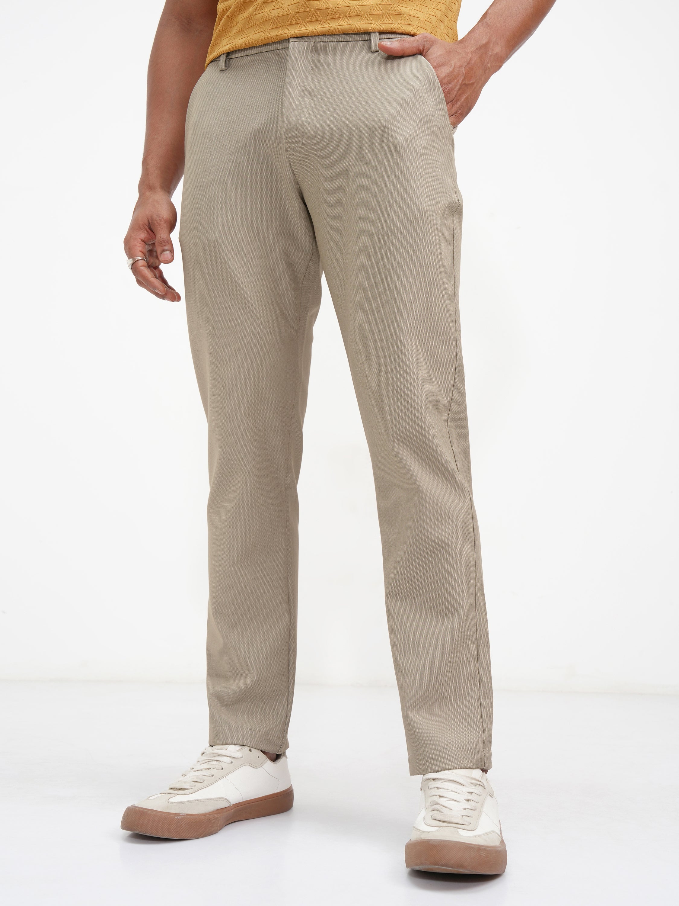 Highlander Men Beige Slim Fit Solid Casual Trouser - Beige - Image 1