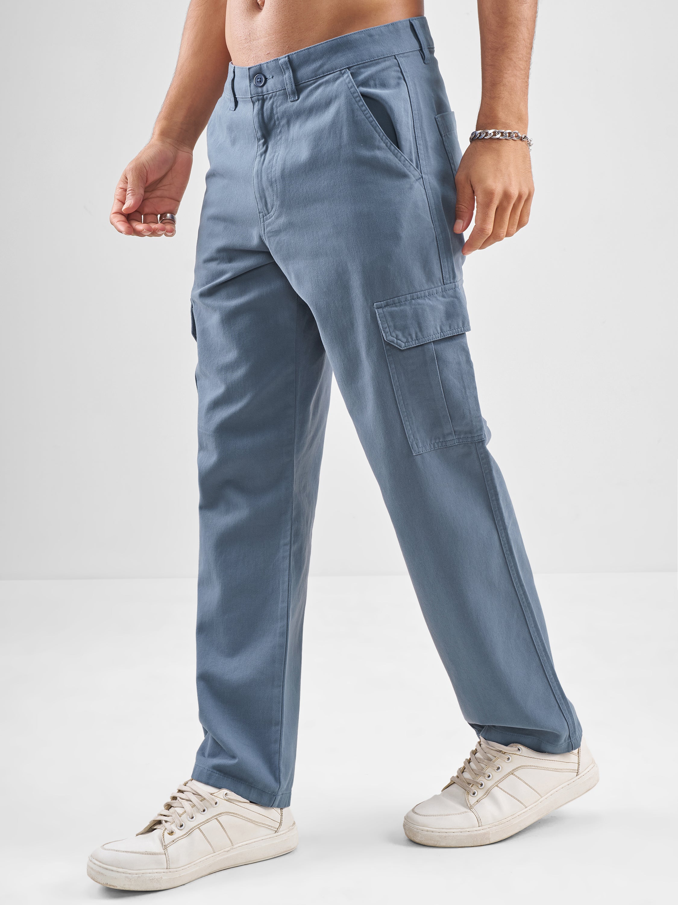 Highlander Men Blue Straight Fit Solid Cargos - Blue - Image 4