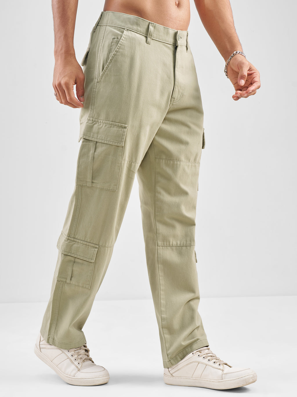 Highlander Men Beige Straight Fit Solid Cargos - Beige - Image 6