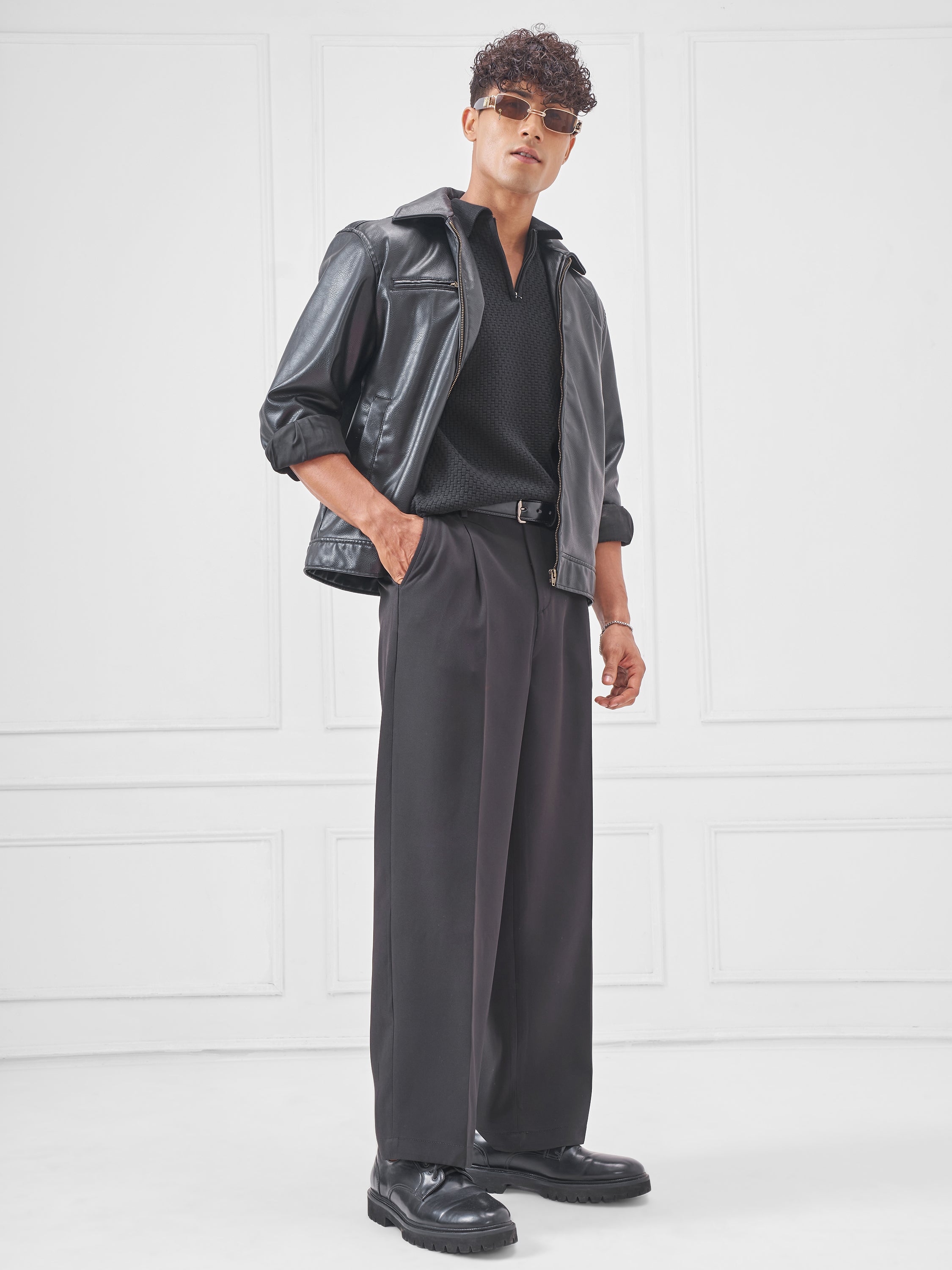 Highlander Men Black Wide Leg Solid Regular Trouser - Black - Image 2