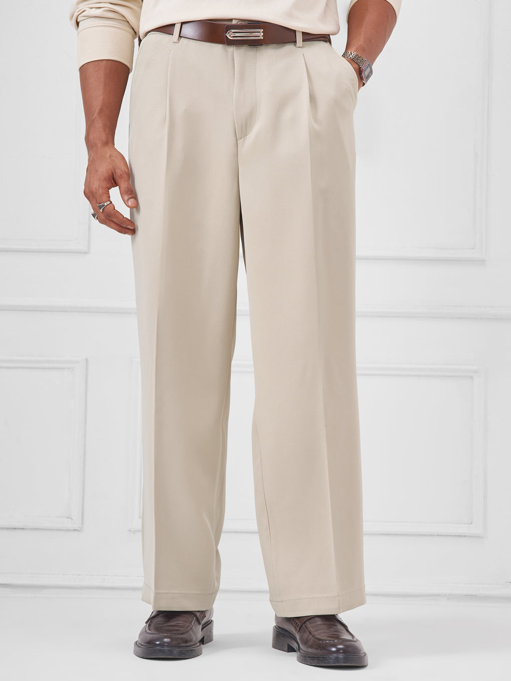 Highlander Men Beige Wide Leg Solid Regular Trouser - Beige - Image 1