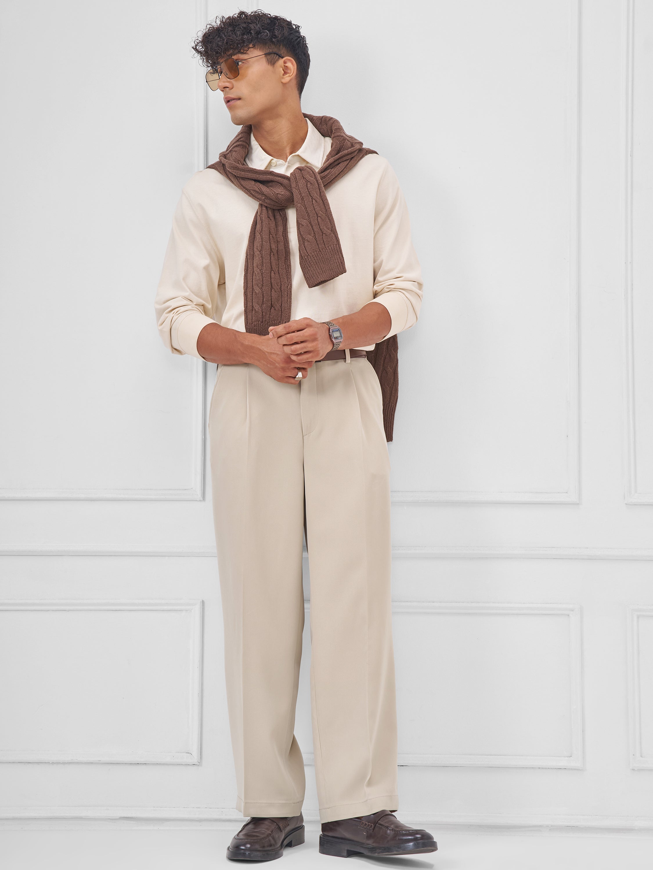 Highlander Men Beige Wide Leg Solid Regular Trouser - Beige - Image 2
