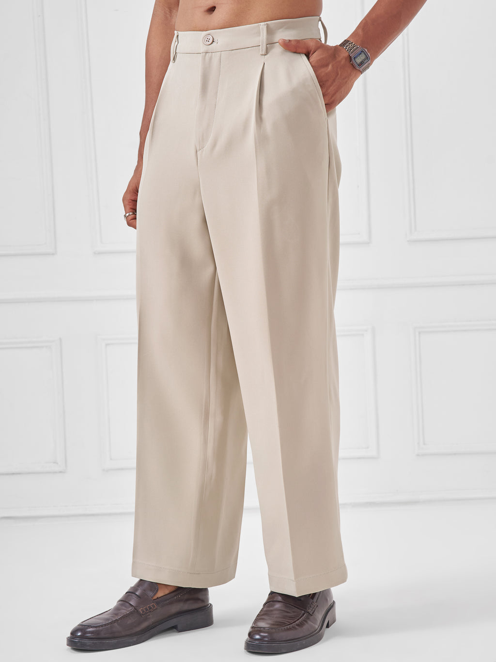 Highlander Men Beige Wide Leg Solid Regular Trouser - Beige - Image 4