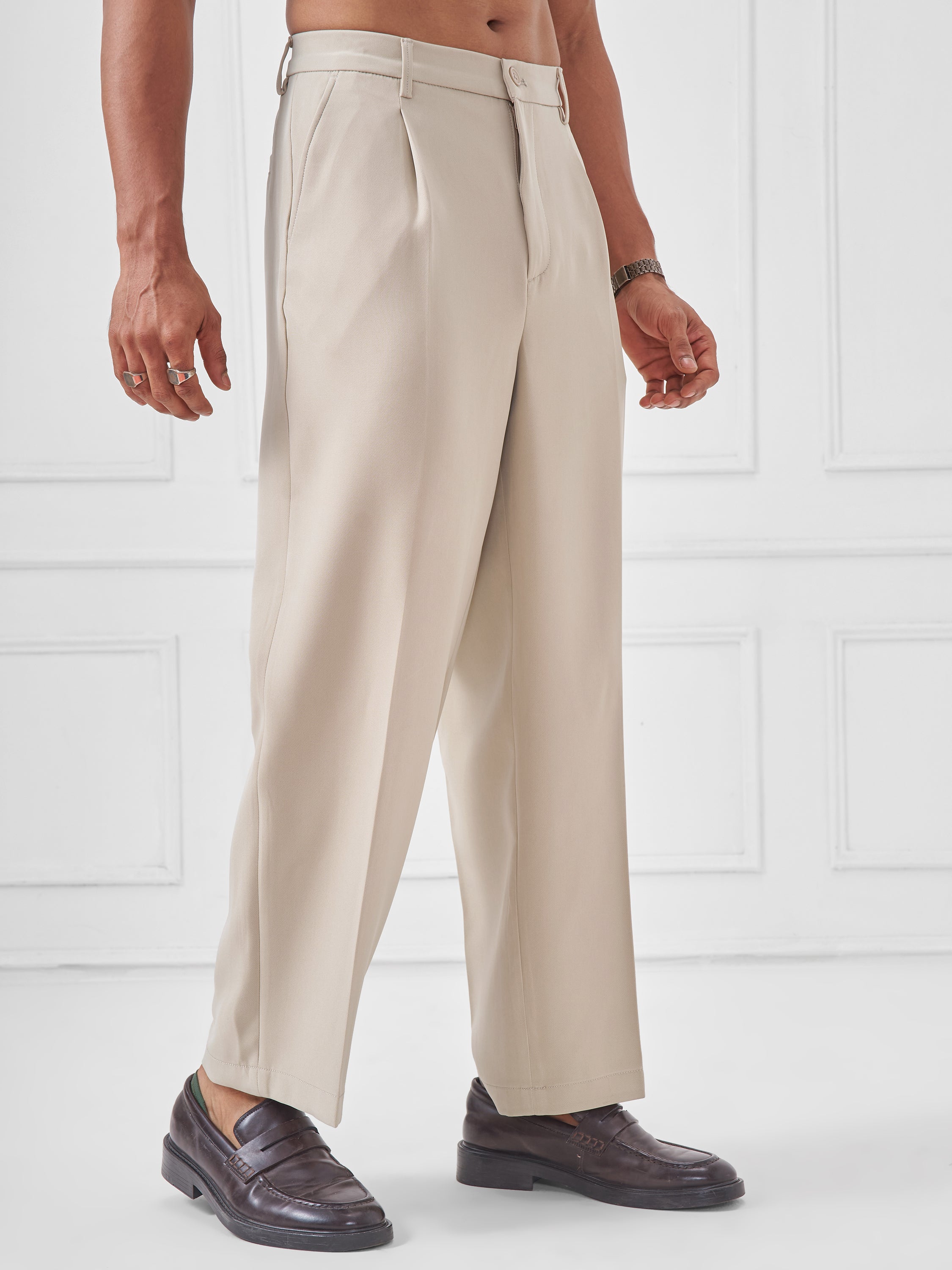 Highlander Men Beige Wide Leg Solid Regular Trouser - Beige - Image 6