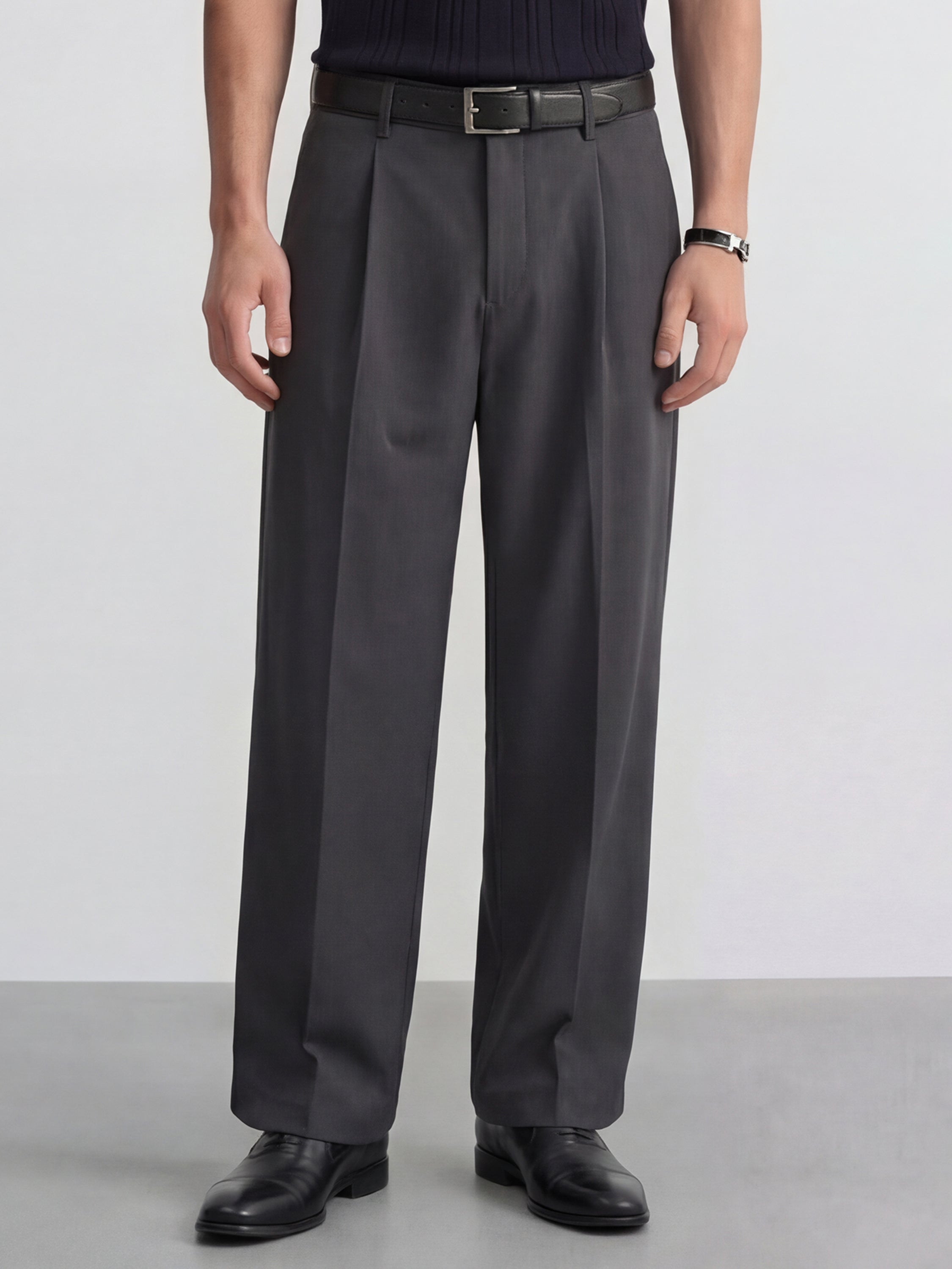 Highlander Men Grey Wide Leg Solid Regular Trouser - Grey - Image 1