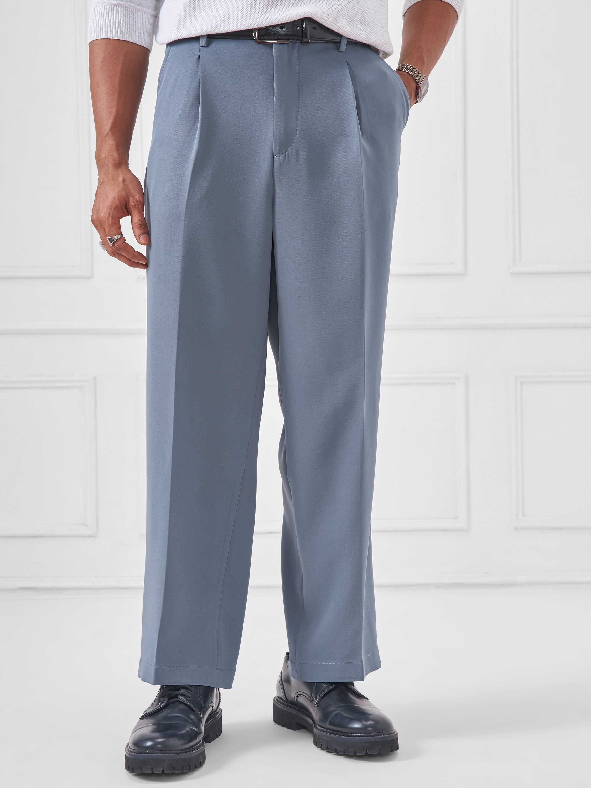 Highlander Men Blue Wide Leg Solid Regular Trouser - Blue - Image 1