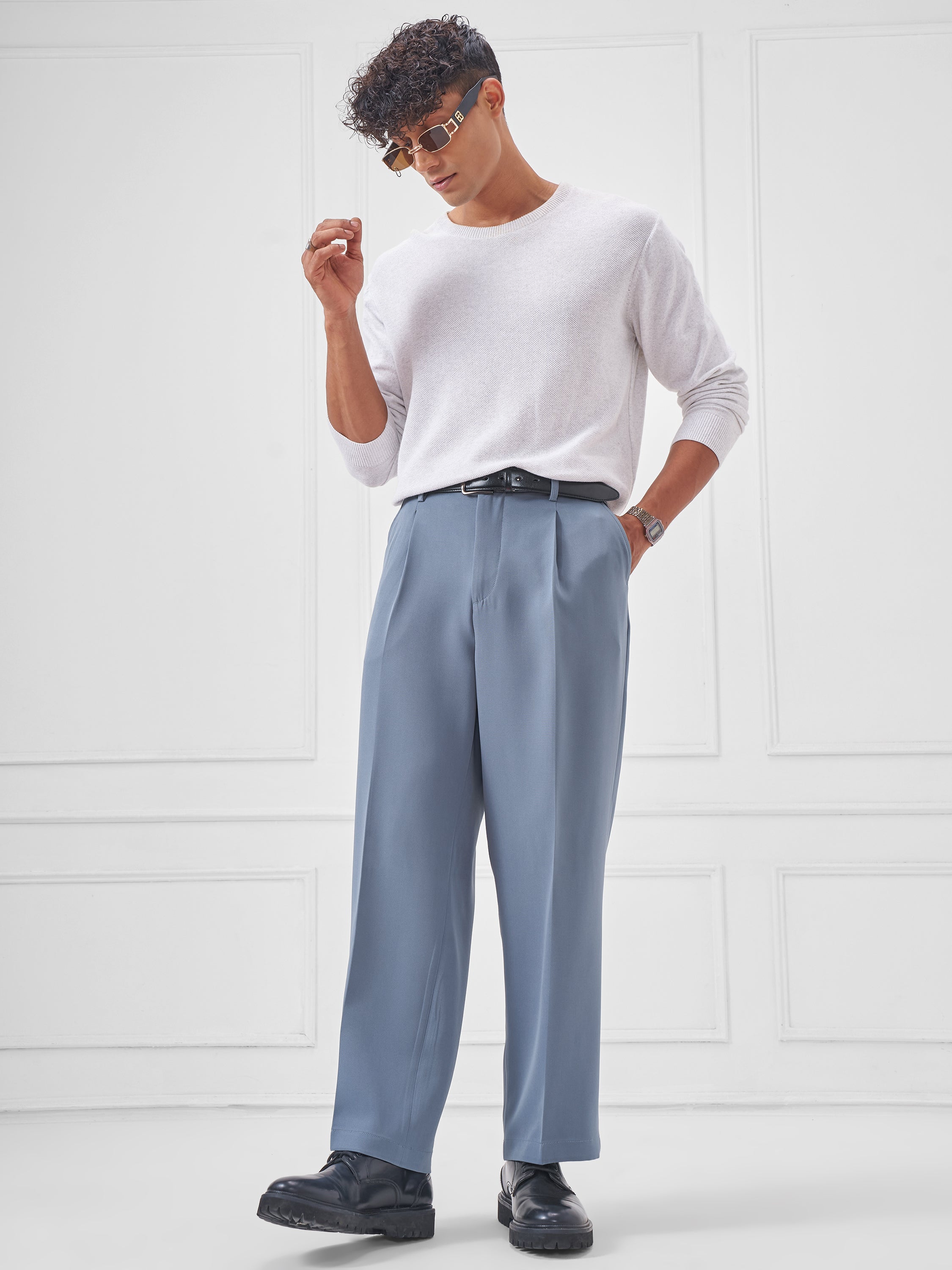 Highlander Men Blue Wide Leg Solid Regular Trouser - Blue - Image 2