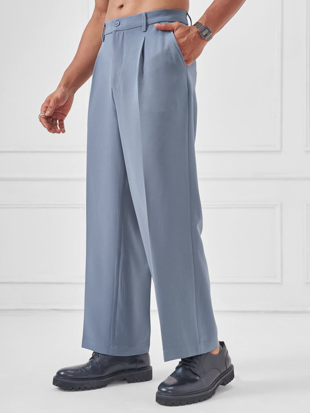 Highlander Men Blue Wide Leg Solid Regular Trouser - Blue - Image 4