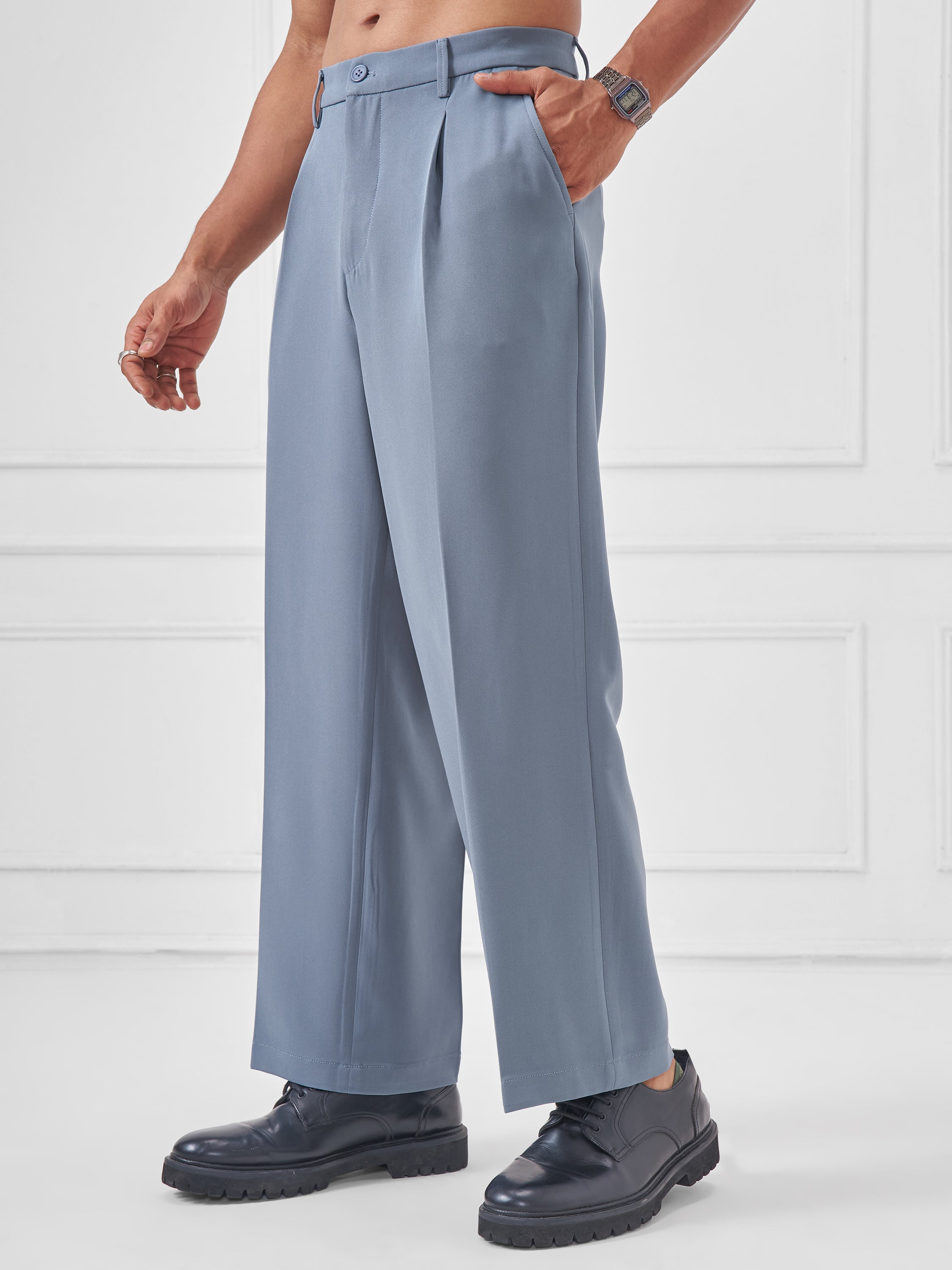 Highlander Men Blue Wide Leg Solid Regular Trouser - Blue - Image 4