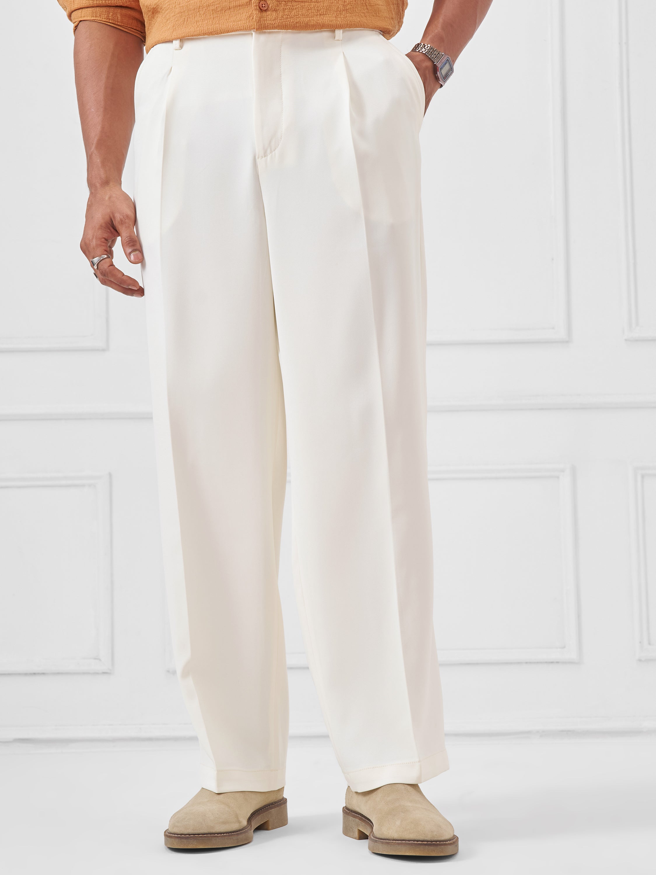 Highlander Men White Wide Leg Solid Regular Trouser - White - Image 1