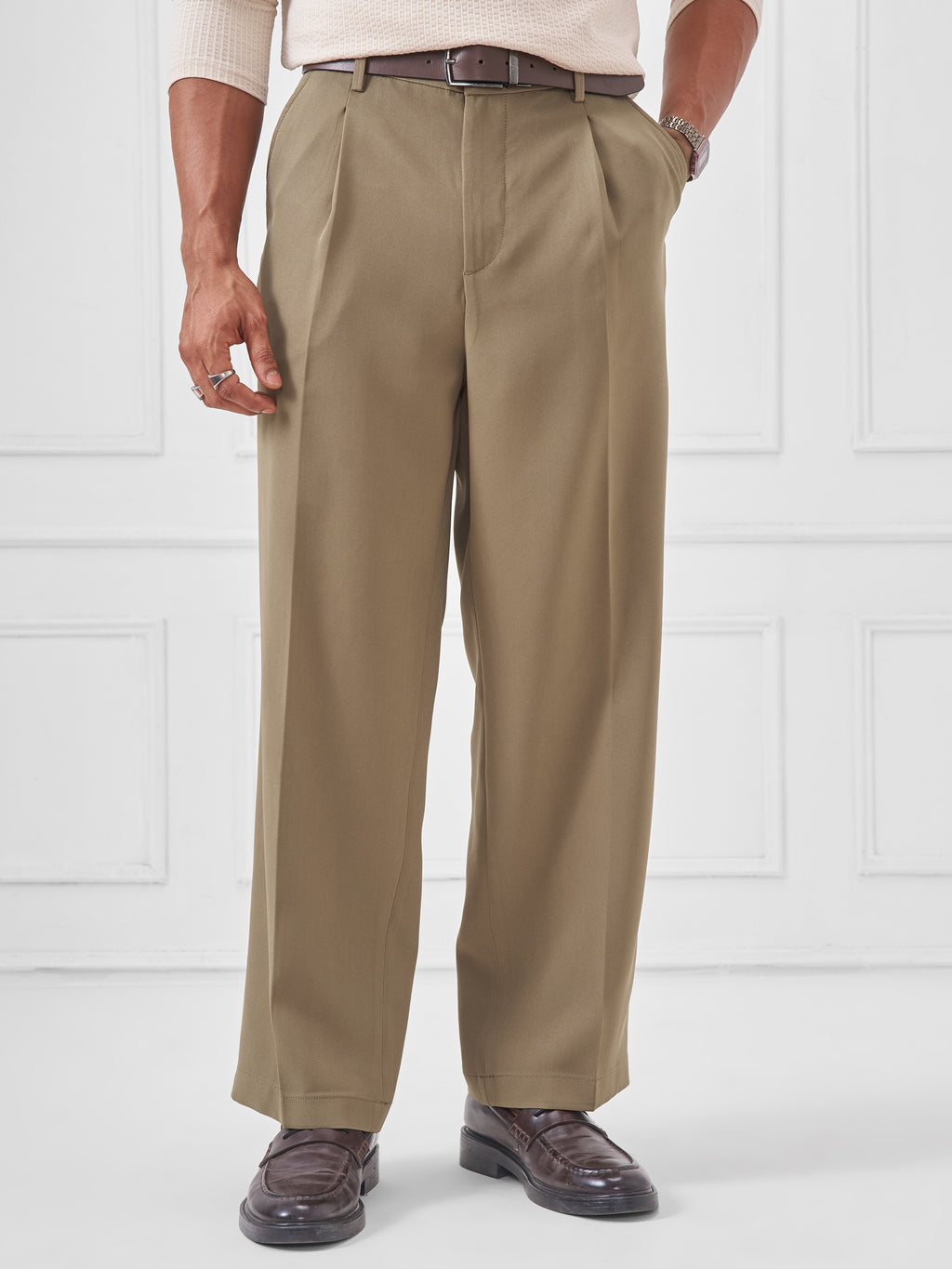 Highlander Men Taupe Wide Leg Solid Regular Trouser - Taupe - Image 1