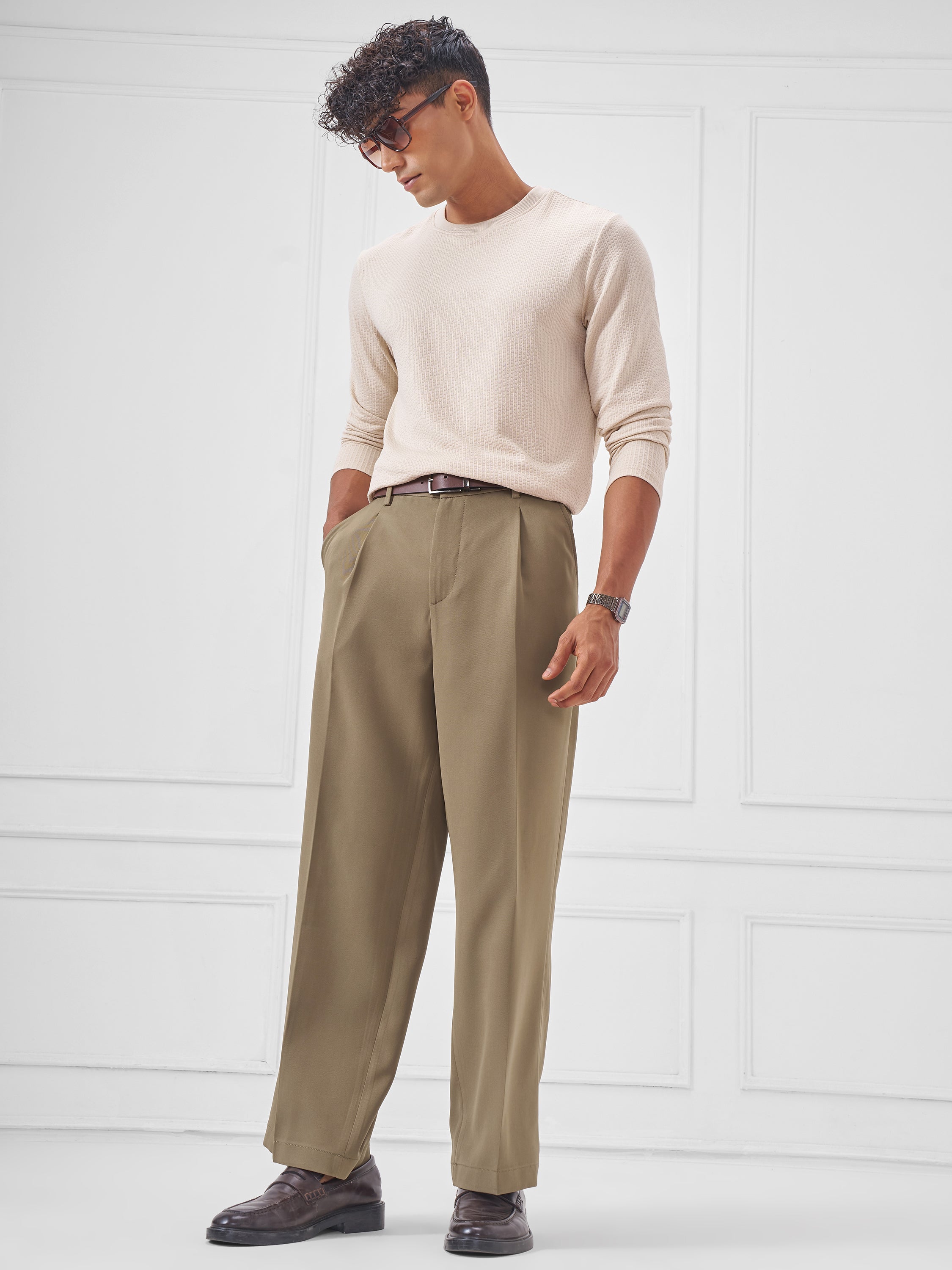 Highlander Men Taupe Wide Leg Solid Regular Trouser - Taupe - Image 2