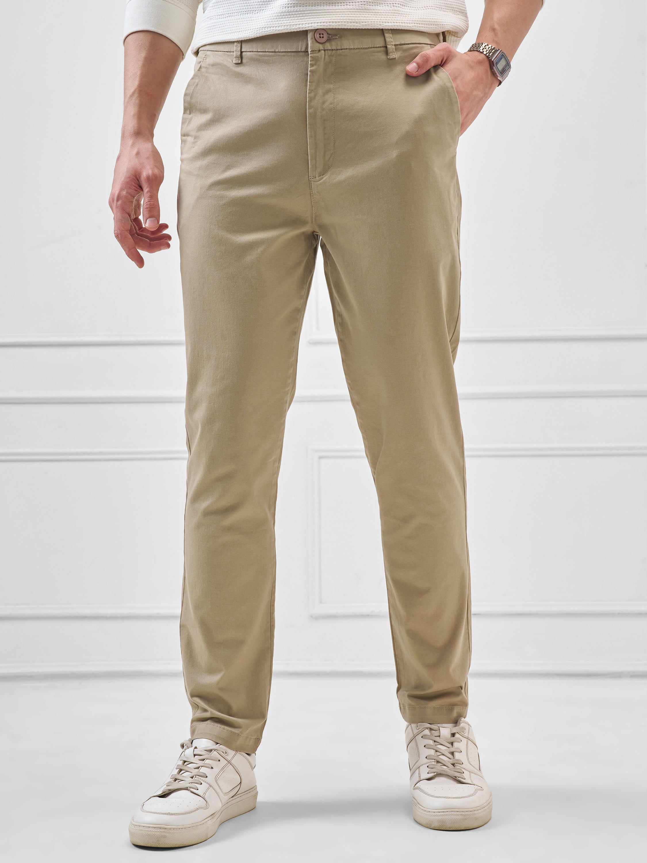 Highlander Men Beige Slim Fit Solid Regular Trouser - Beige - Image 1