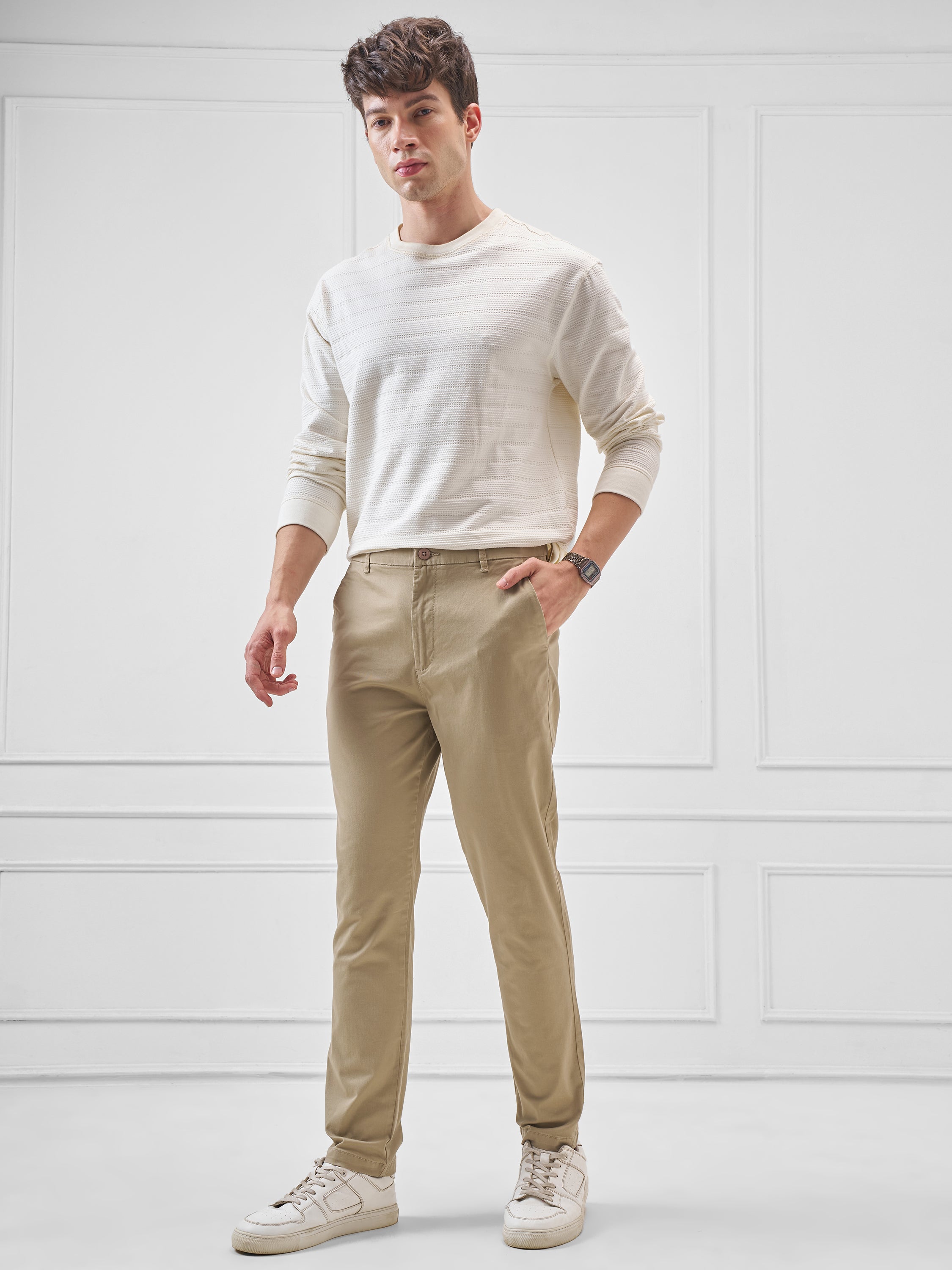 Highlander Men Beige Slim Fit Solid Regular Trouser - Beige - Image 2