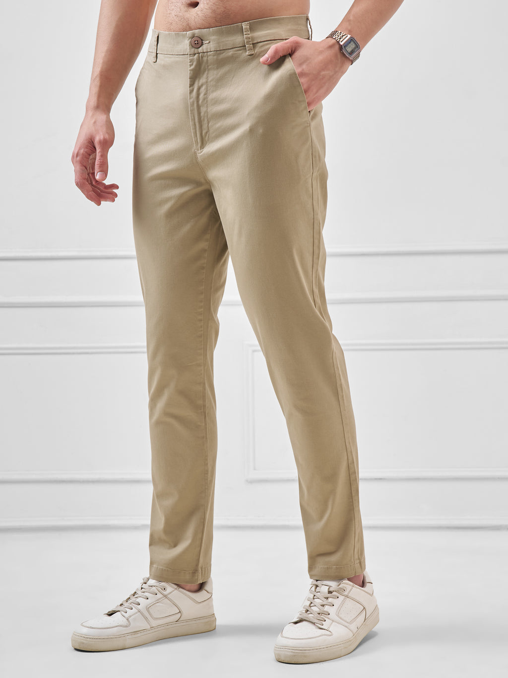 Highlander Men Beige Slim Fit Solid Regular Trouser - Beige - Image 4