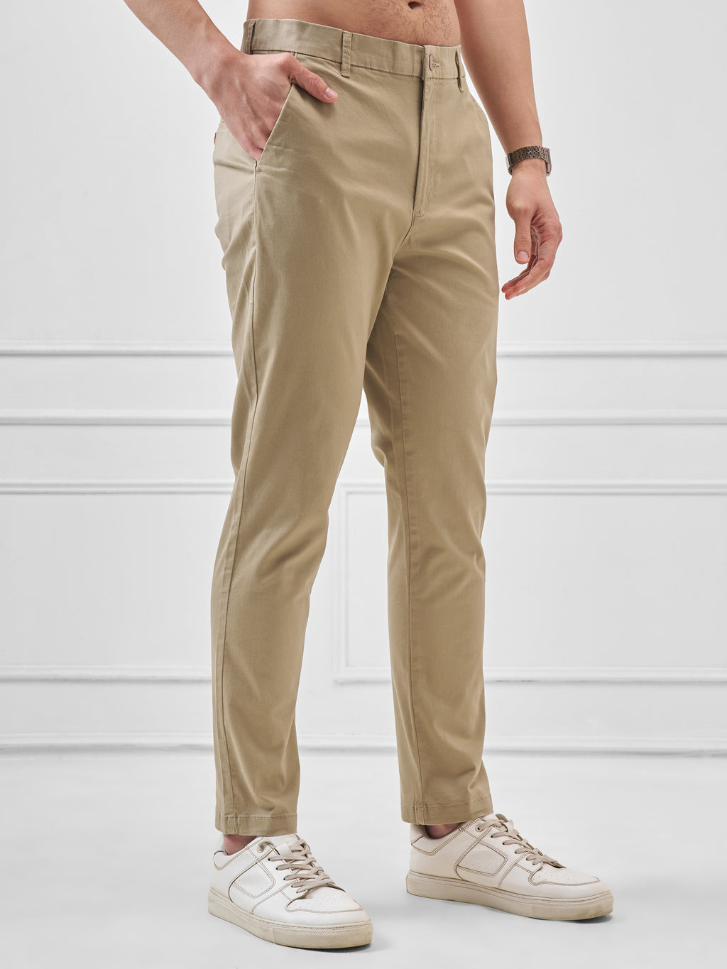 Highlander Men Beige Slim Fit Solid Regular Trouser - Beige - Image 6