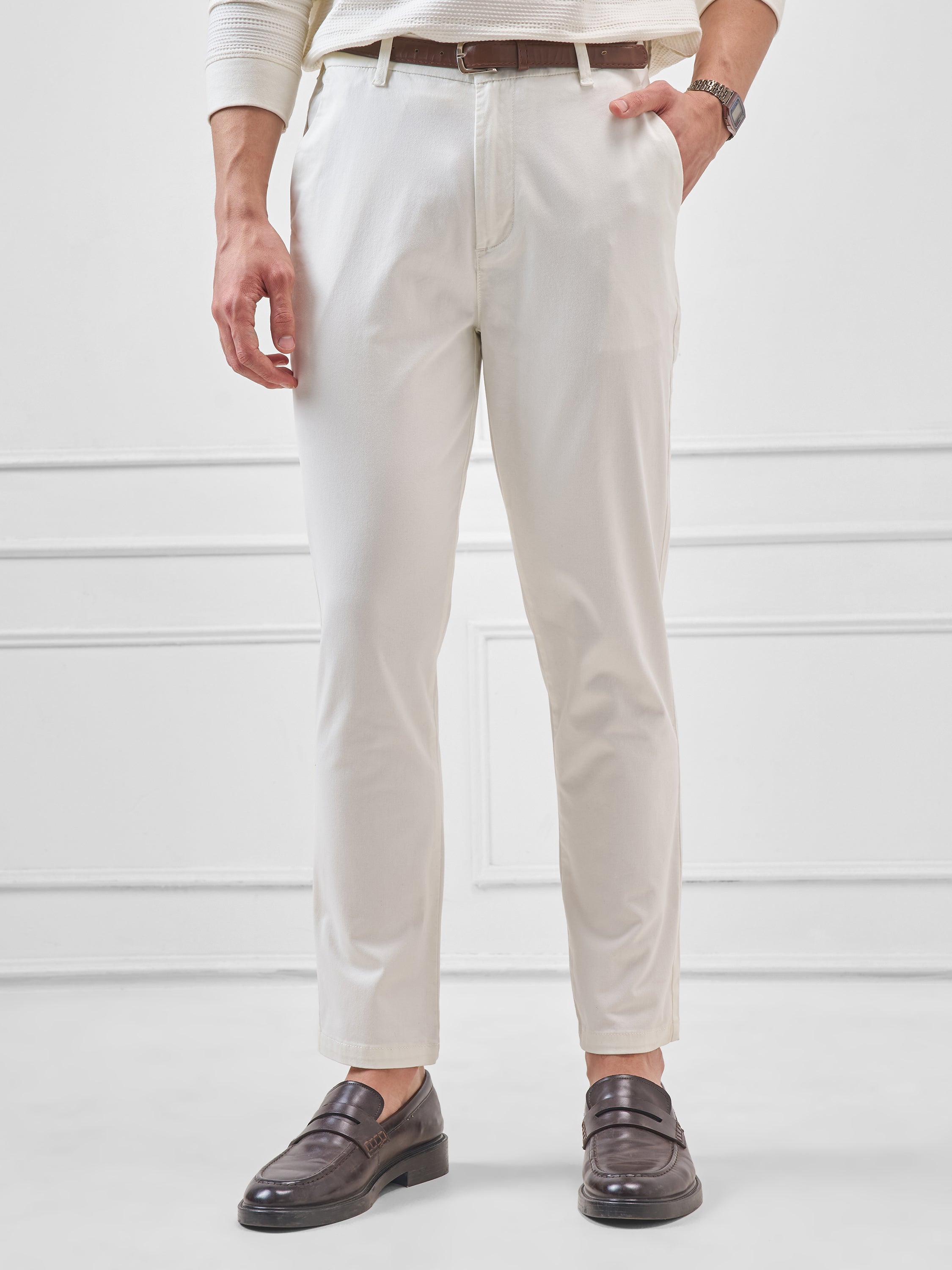 Highlander Men White Slim Fit Solid Regular Trouser - White - Image 1