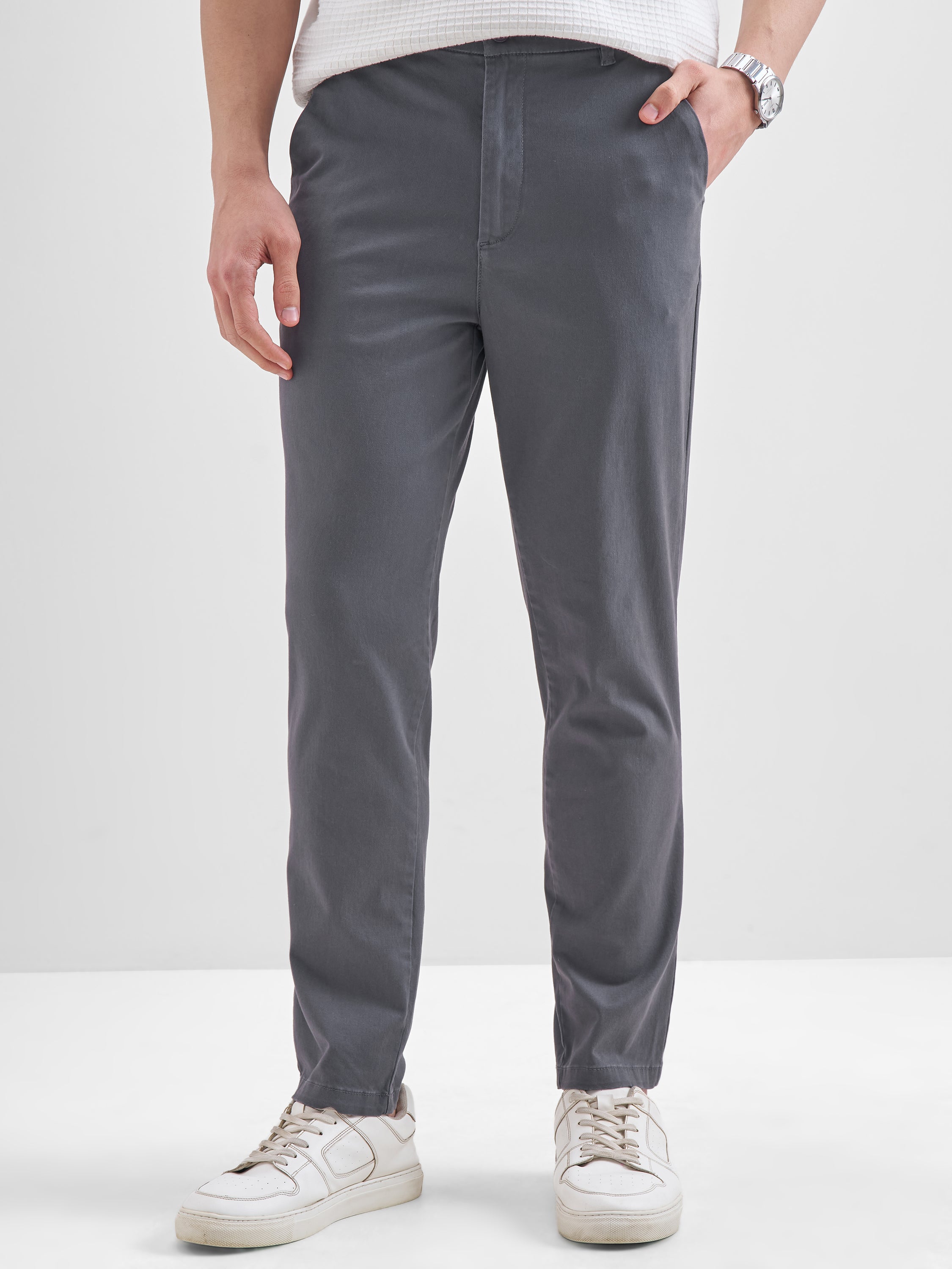 Highlander Men Grey Slim Fit Solid Regular Trouser - Grey - Image 1