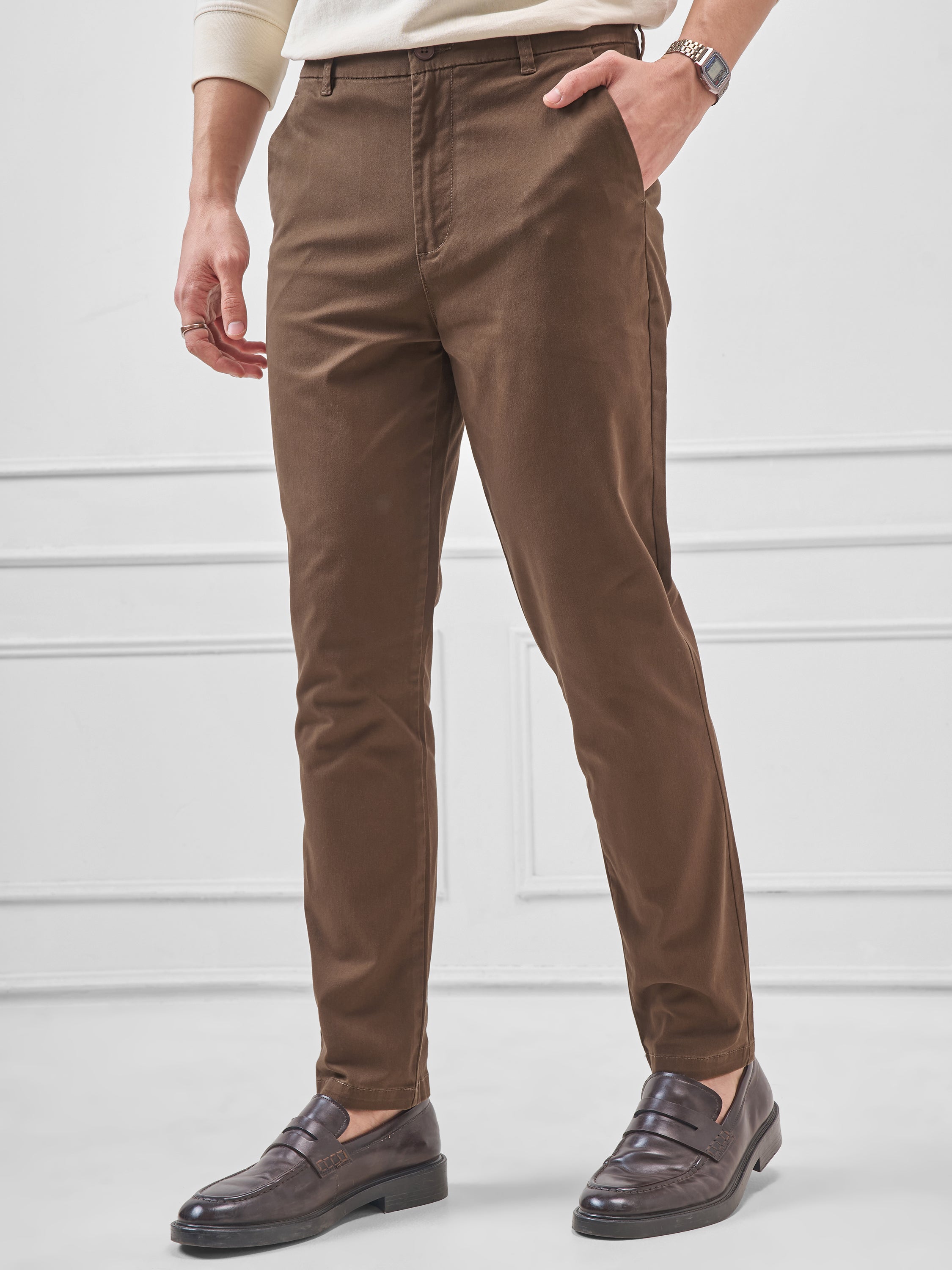 Highlander Men Brown Slim Fit Solid Regular Trouser - Brown - Image 1