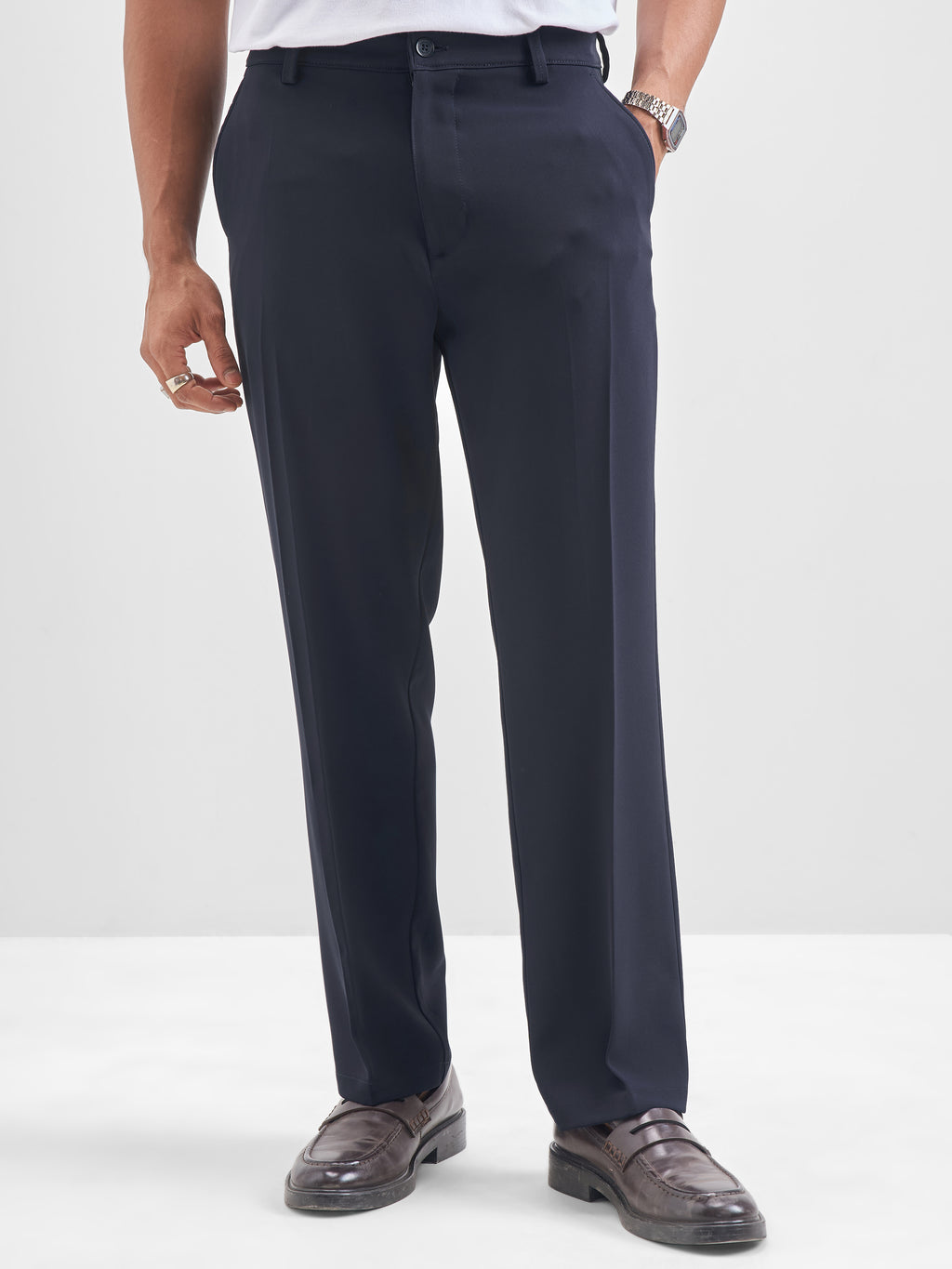 Highlander Men Navy Blue Solid Regular Trouser - Navy Blue - Image 1