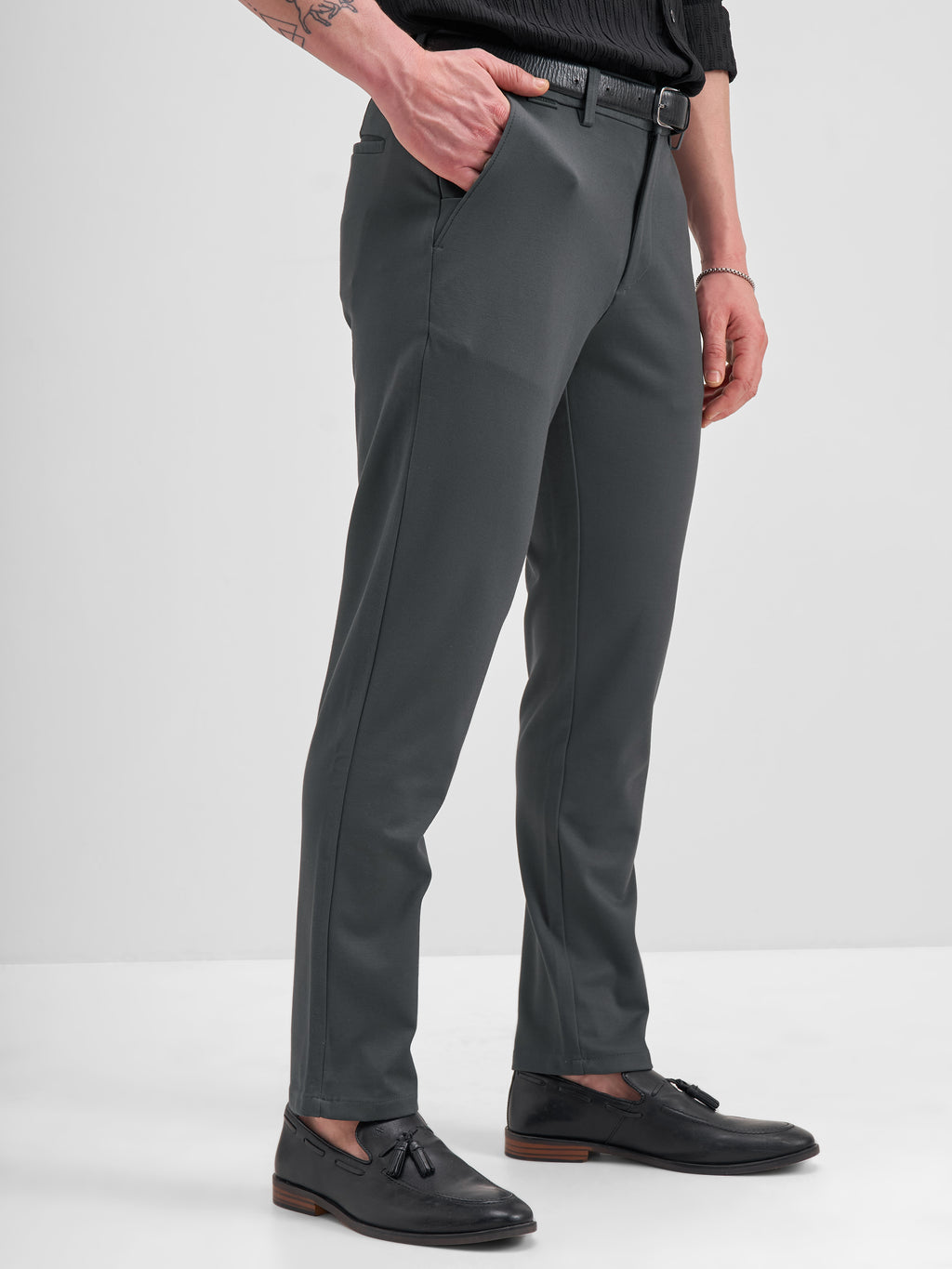 Highlander Men Charcoal Slim Fit Solid Formal Trouser - Charcoal - Image 6