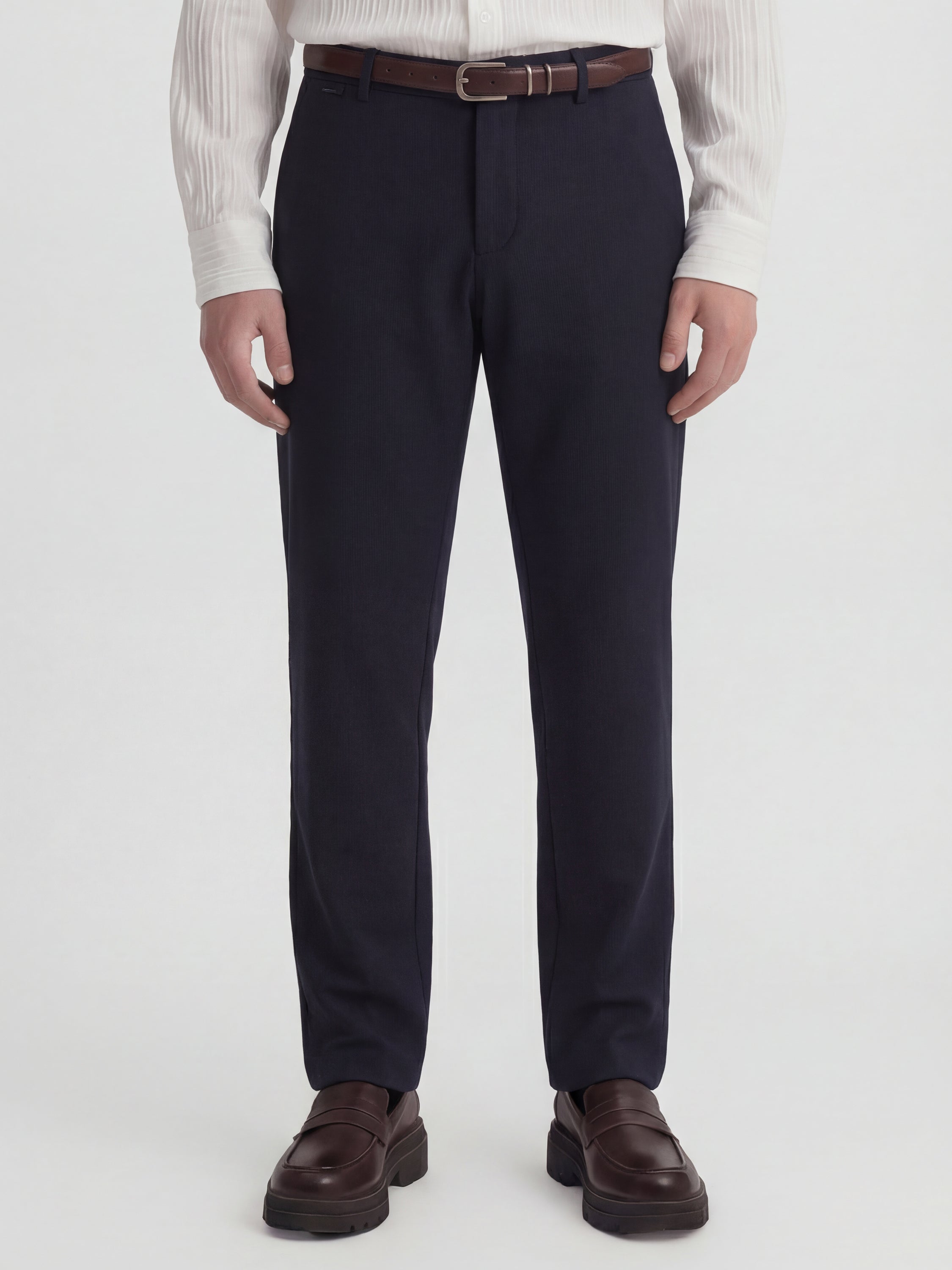 Highlander Men Navy Blue Slim Fit Solid Formal Trouser - Navy Blue - Image 1
