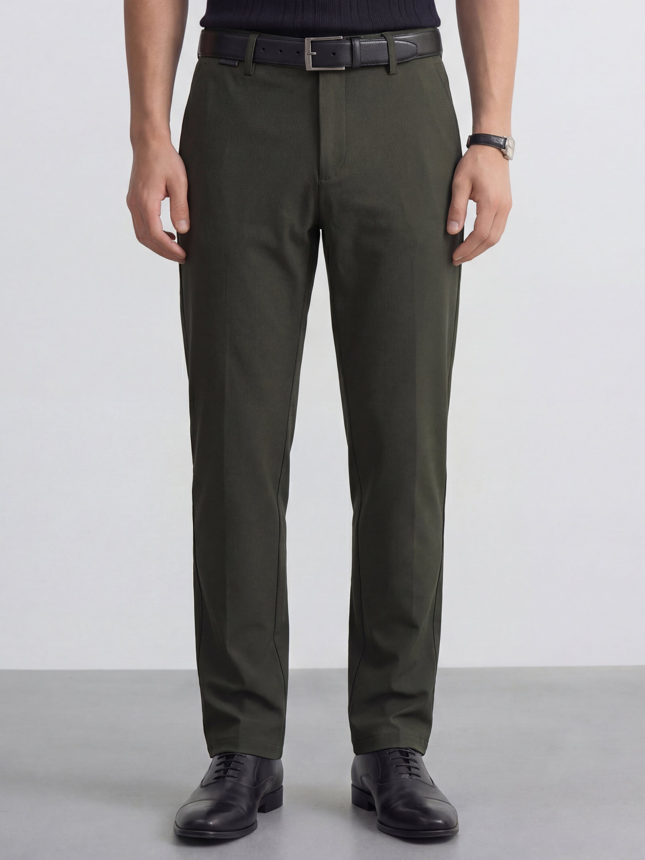 Highlander Men Olive Slim Fit Solid Formal Trouser - Olive - Image 1