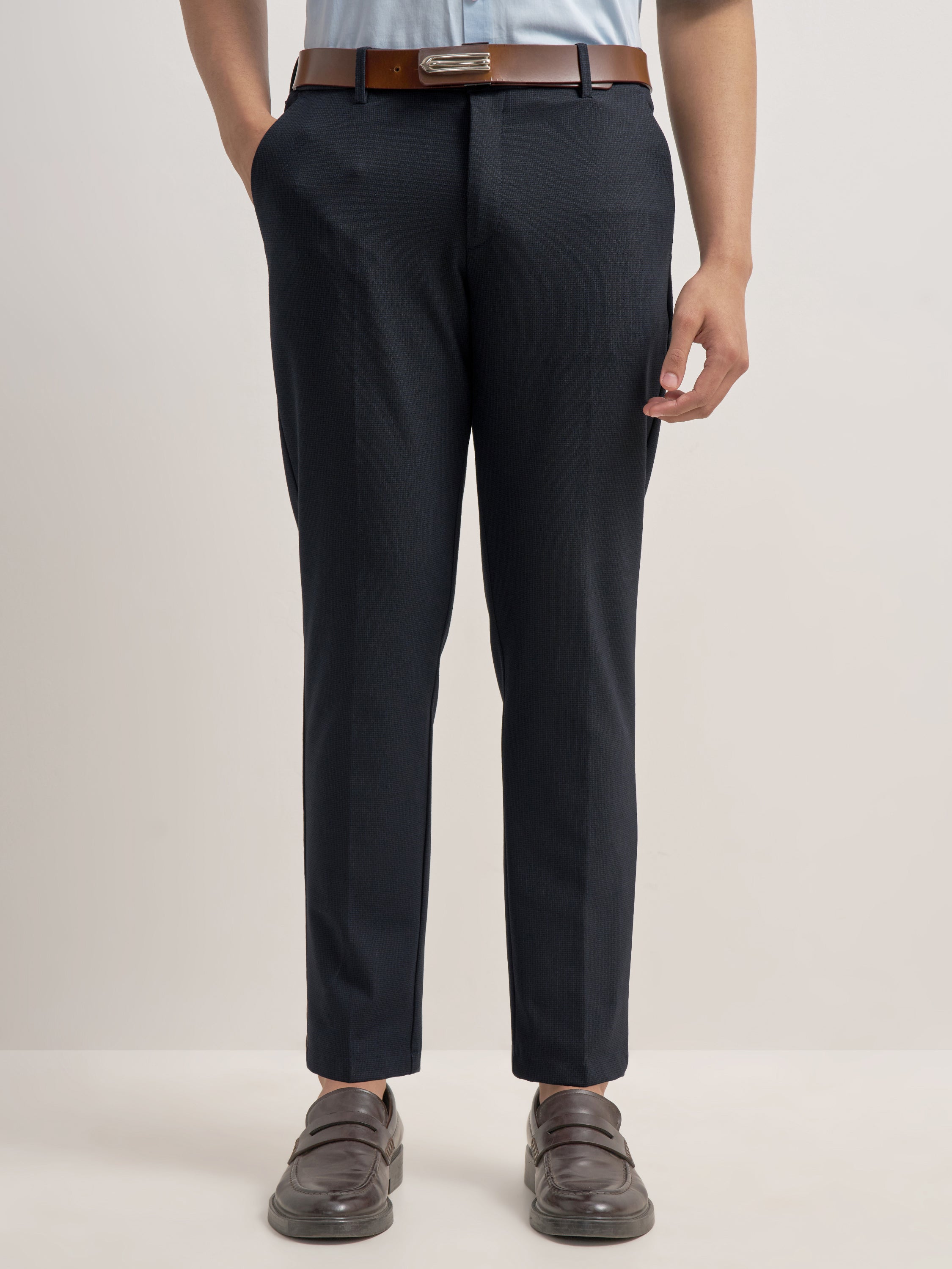 Highlander Men Navy Blue Slim Fit Solid Formal Trouser - Navy Blue - Image 1