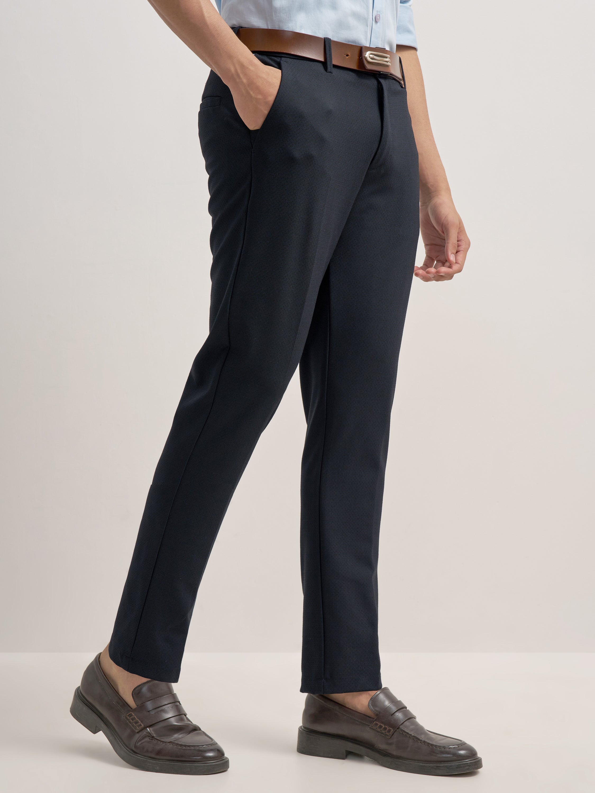 Highlander Men Navy Blue Slim Fit Solid Formal Trouser - Navy Blue - Image 6