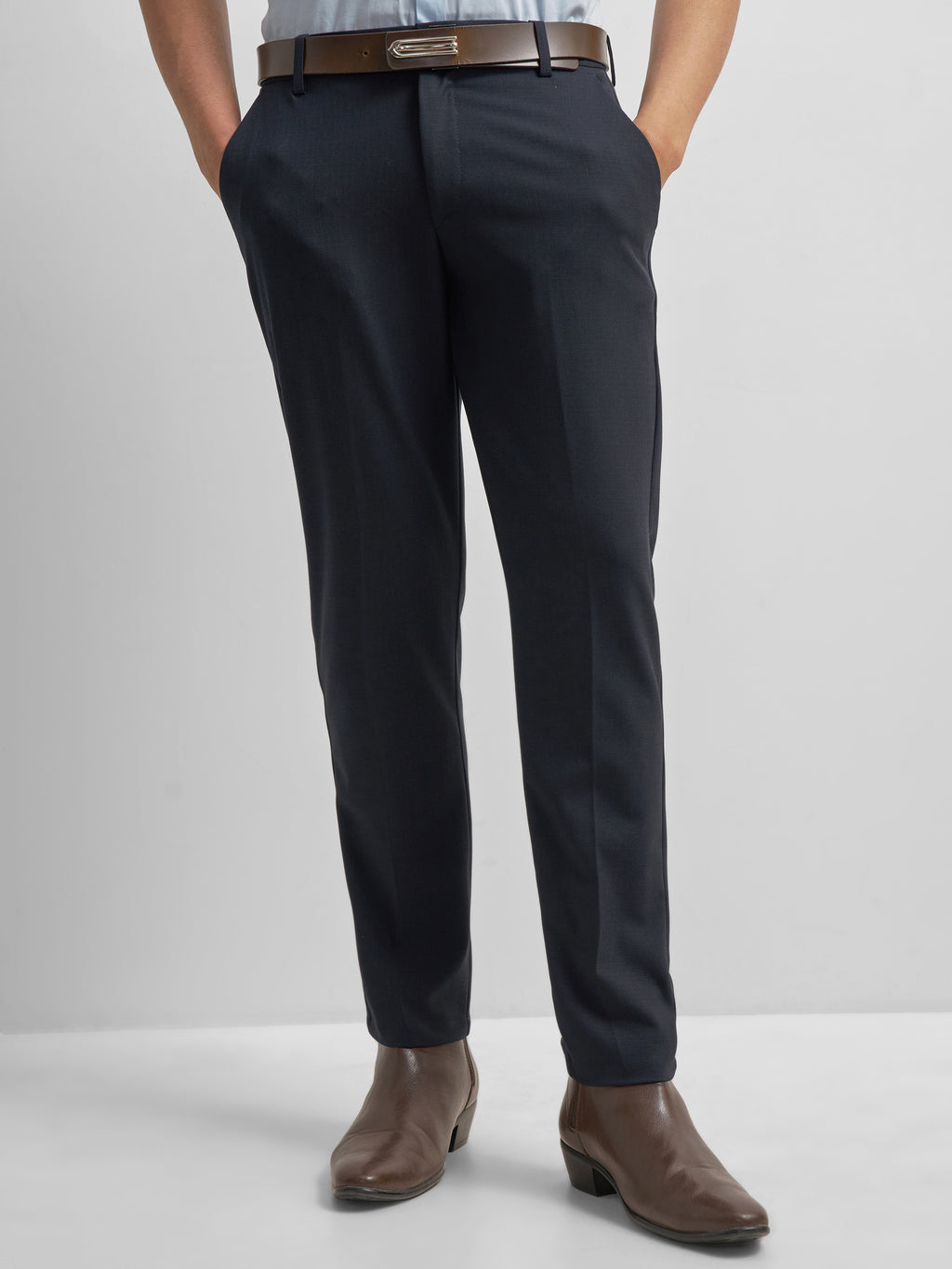 Highlander Men Navy Blue Slim Fit Solid Formal Trouser - Navy Blue - Image 1