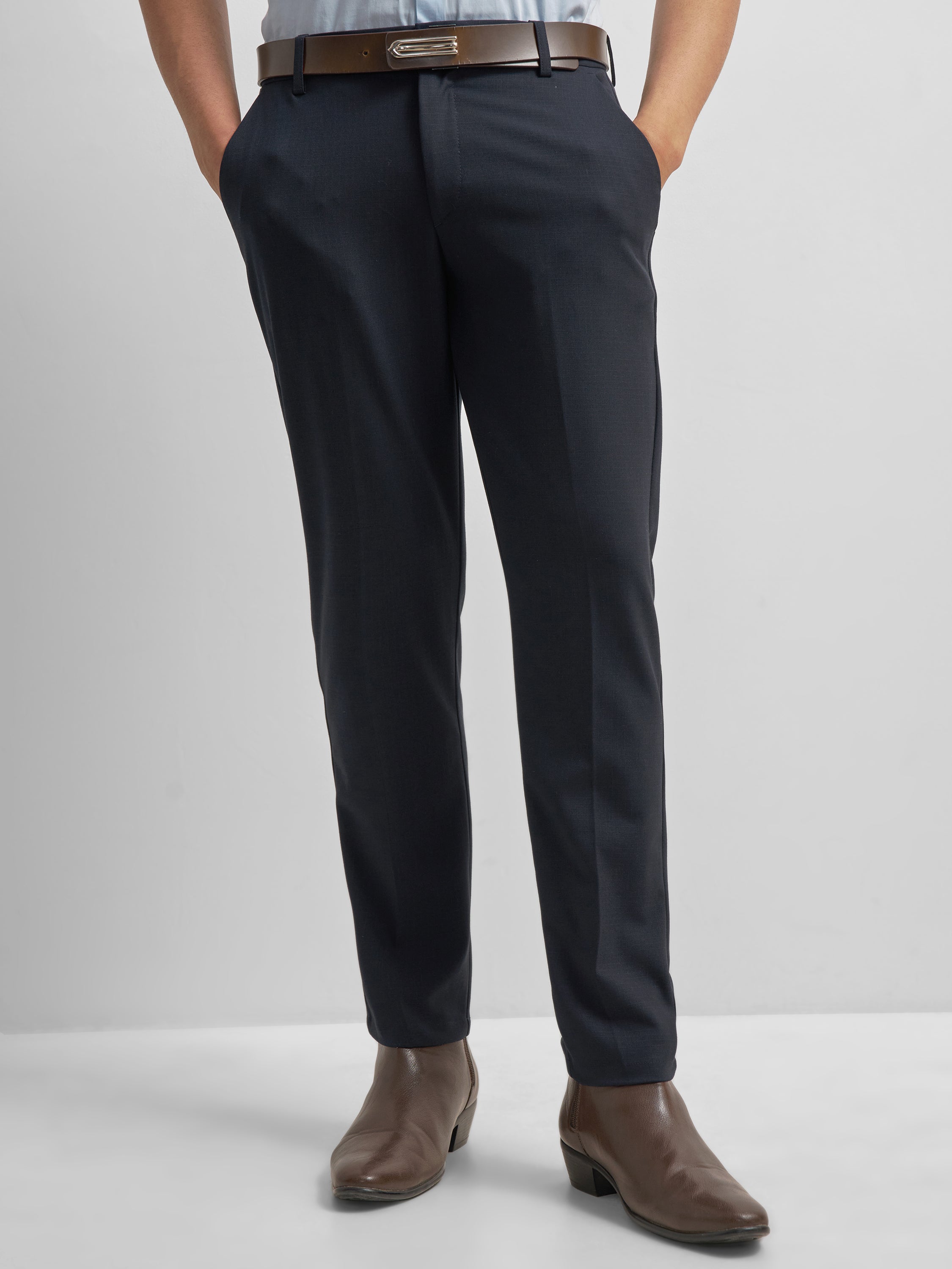 Highlander Men Navy Blue Slim Fit Solid Formal Trouser - Navy Blue - Image 1