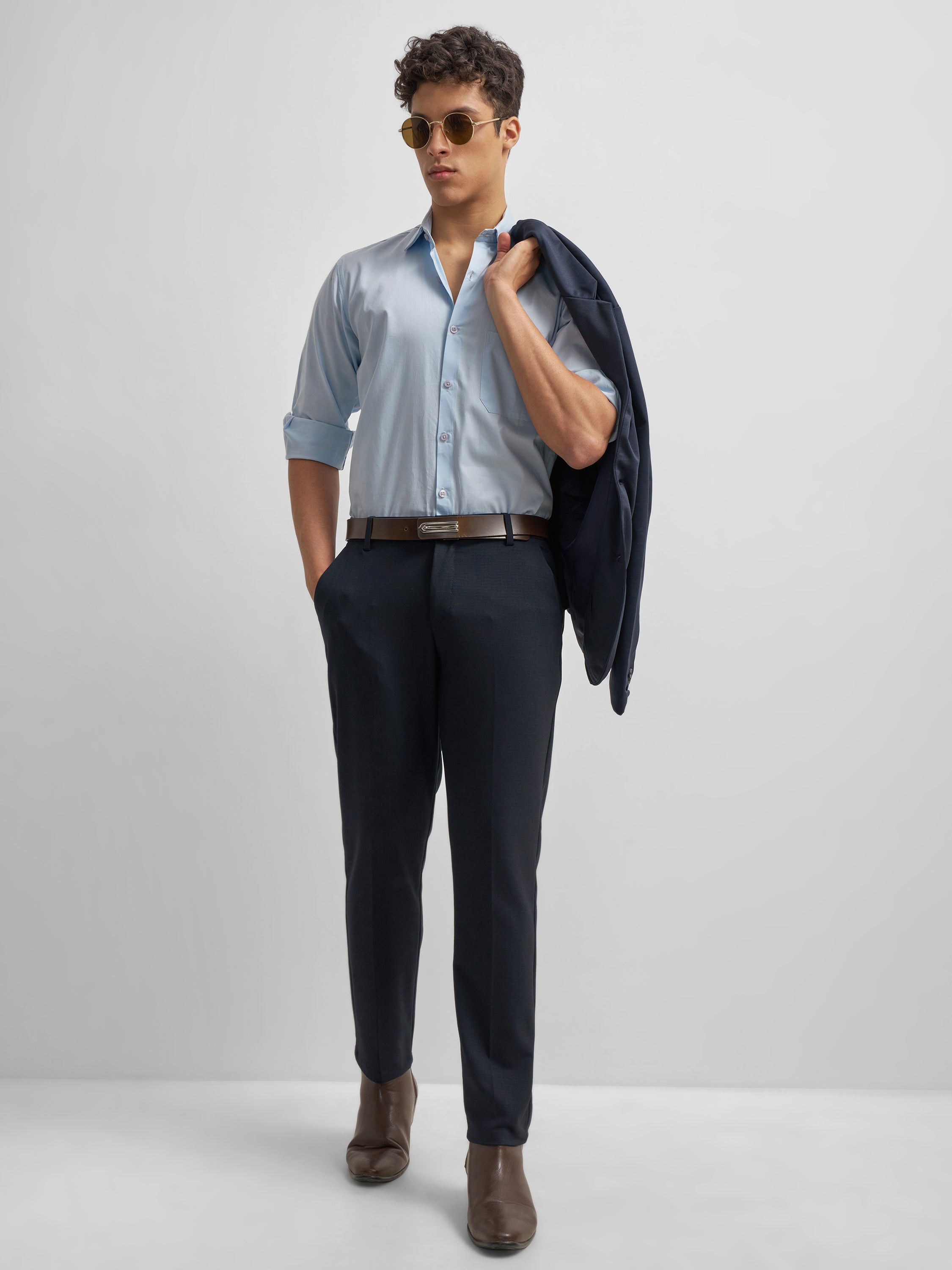 Highlander Men Navy Blue Slim Fit Solid Formal Trouser - Navy Blue - Image 2