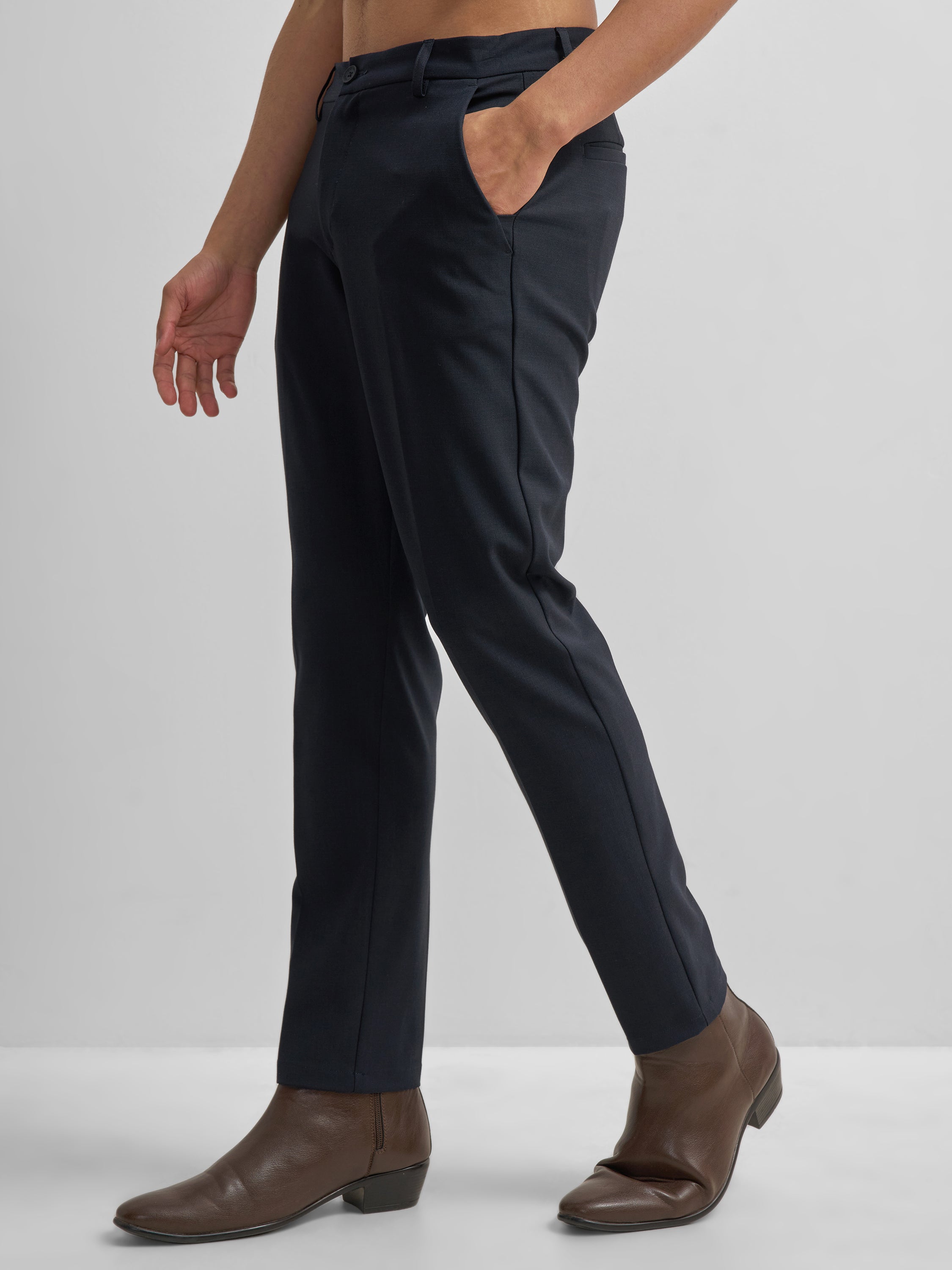 Highlander Men Navy Blue Slim Fit Solid Formal Trouser - Navy Blue - Image 4