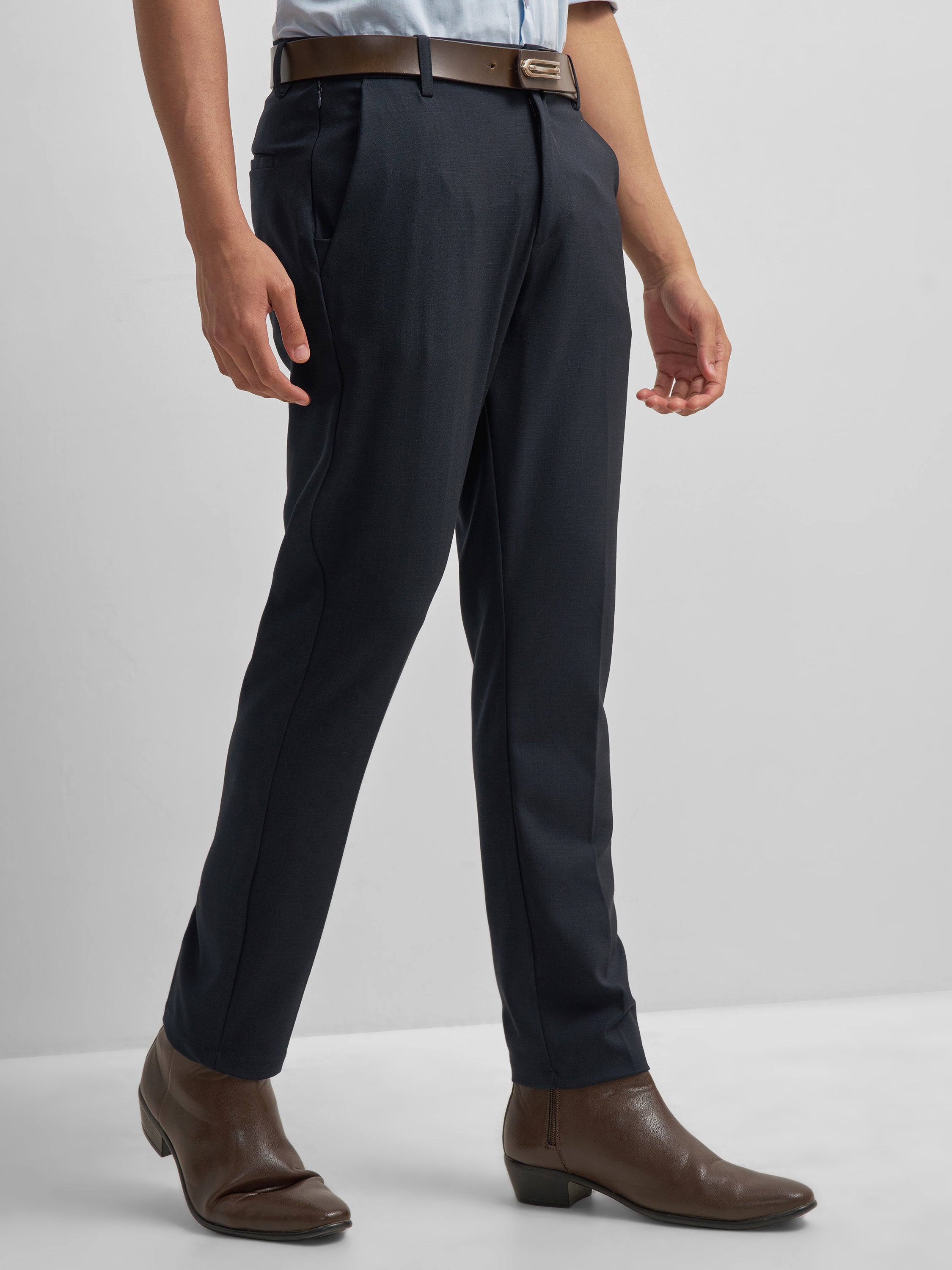 Highlander Men Navy Blue Slim Fit Solid Formal Trouser - Navy Blue - Image 6