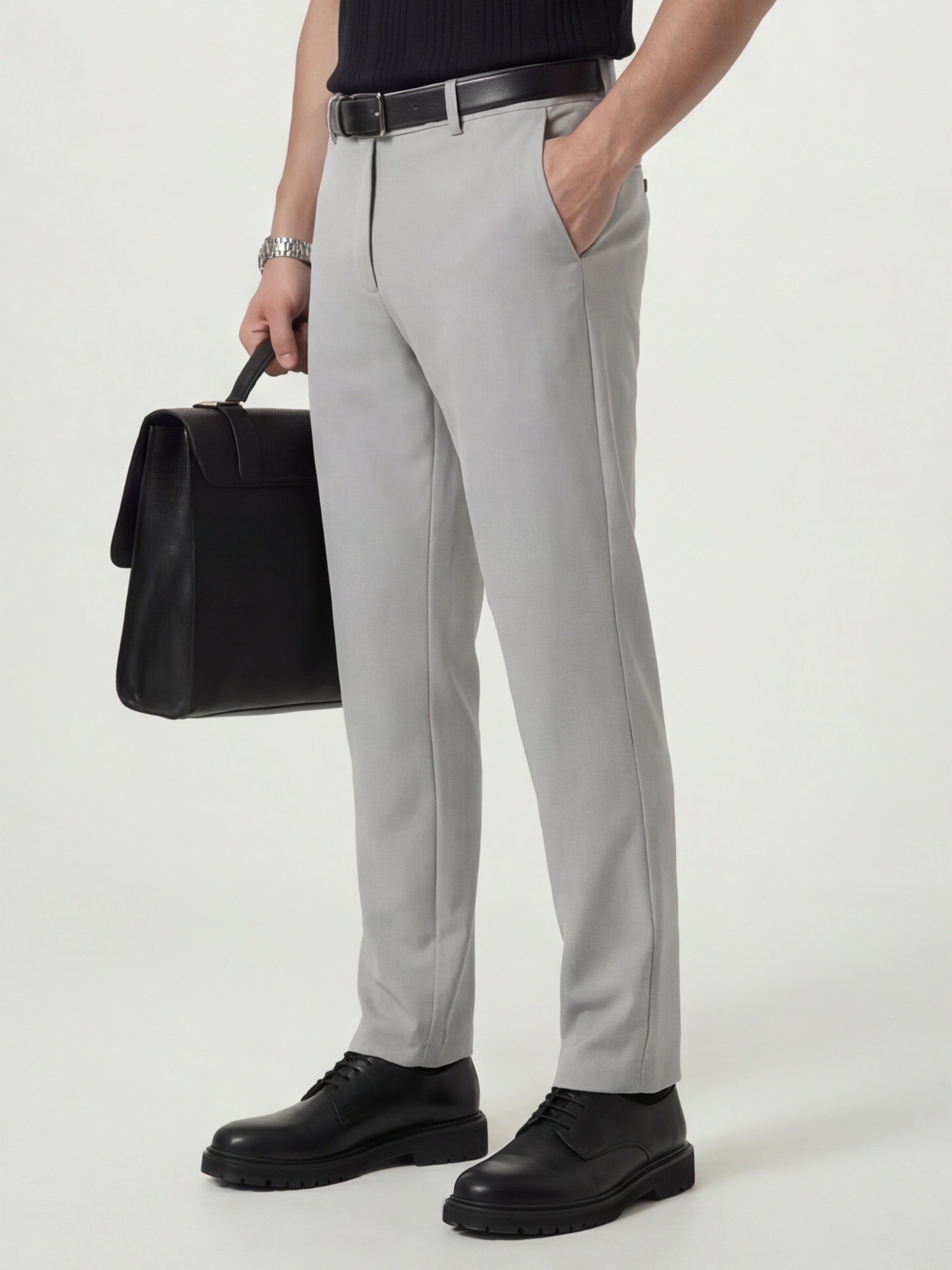 Highlander Men Grey Slim Fit Solid Formal Trouser - Grey - Image 4