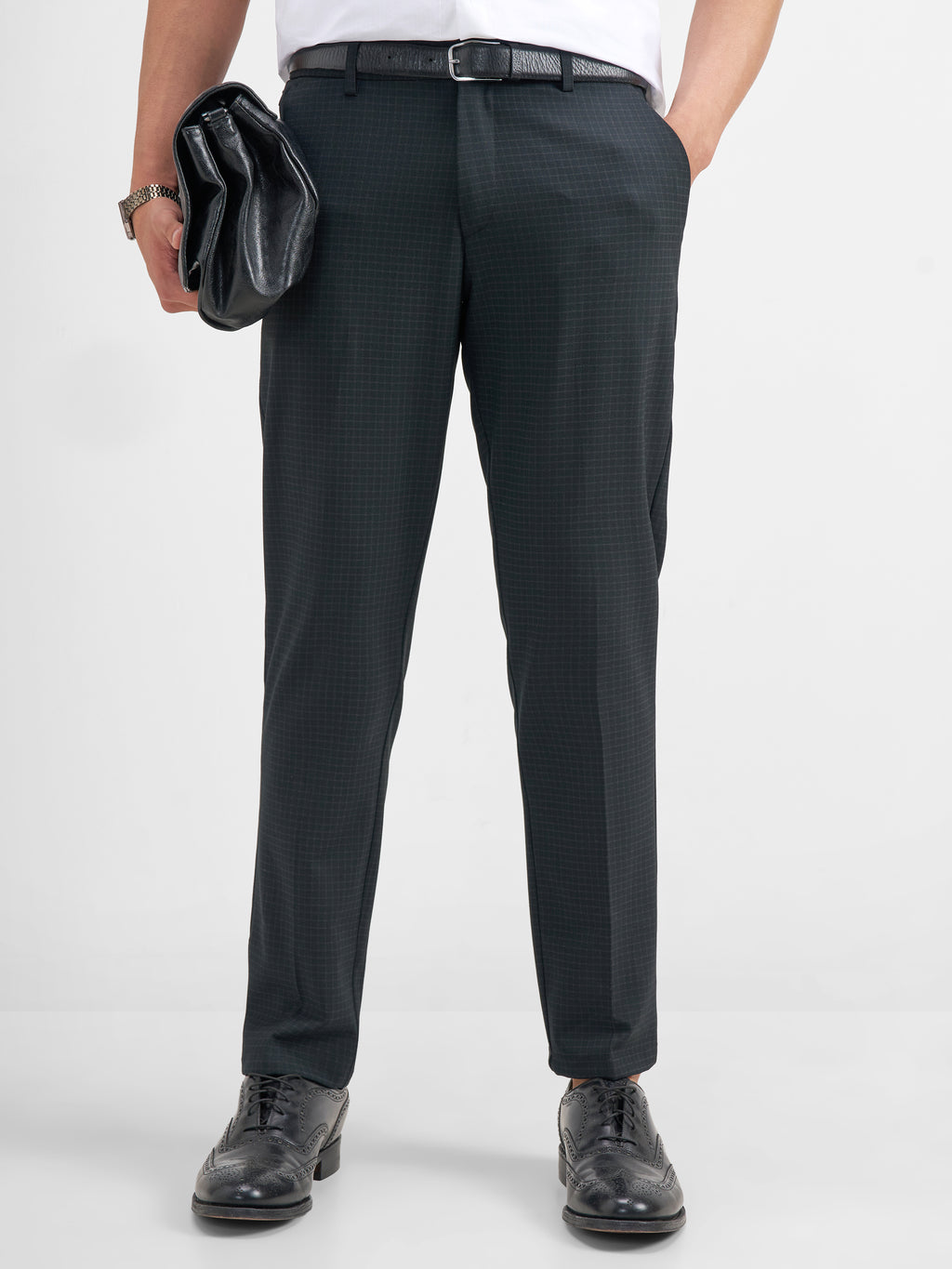 Highlander Men Black Slim Fit Checked Formal Trouser - Black - Image 1