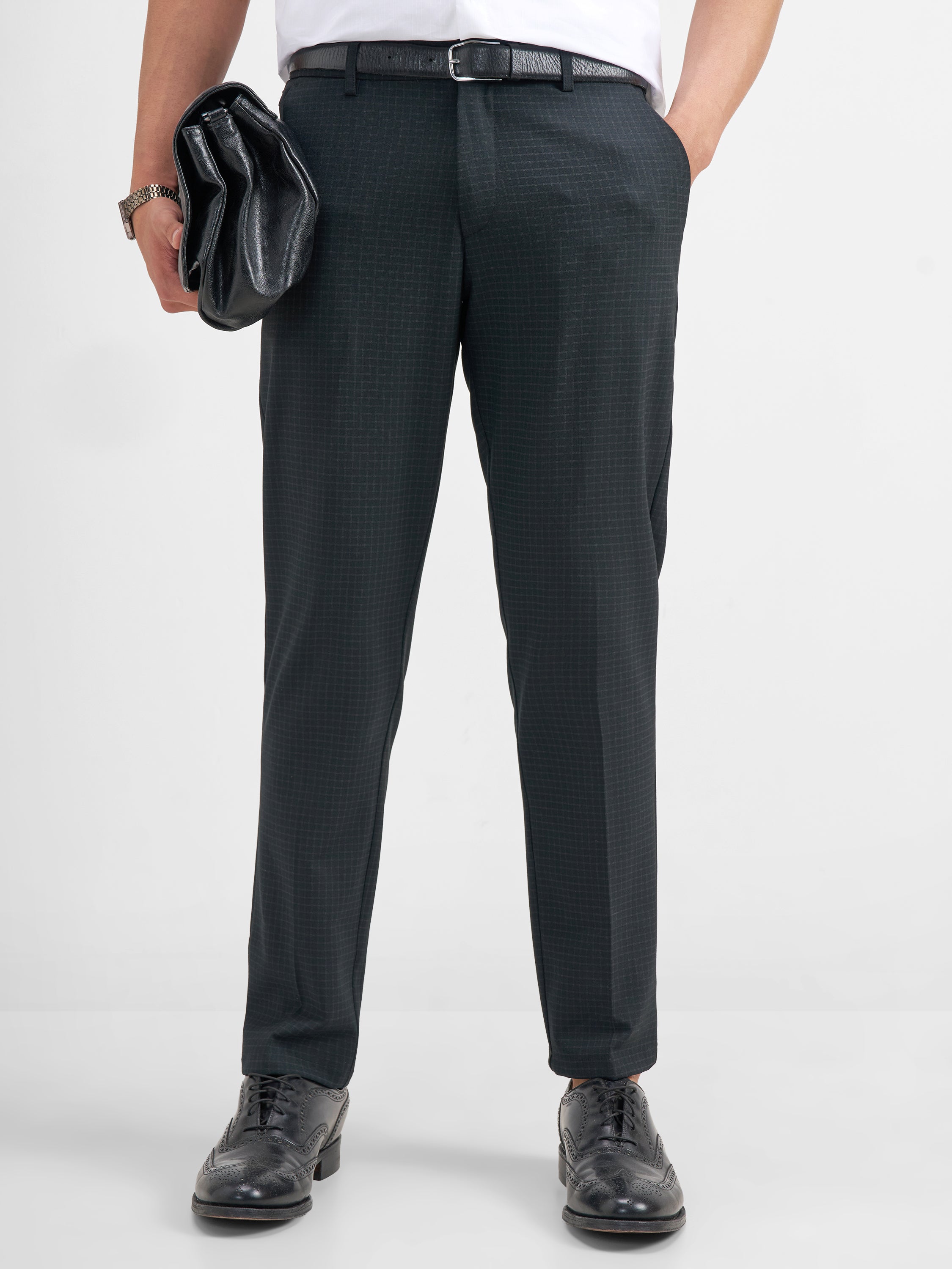Highlander Men Black Slim Fit Checked Formal Trouser - Black - Image 1