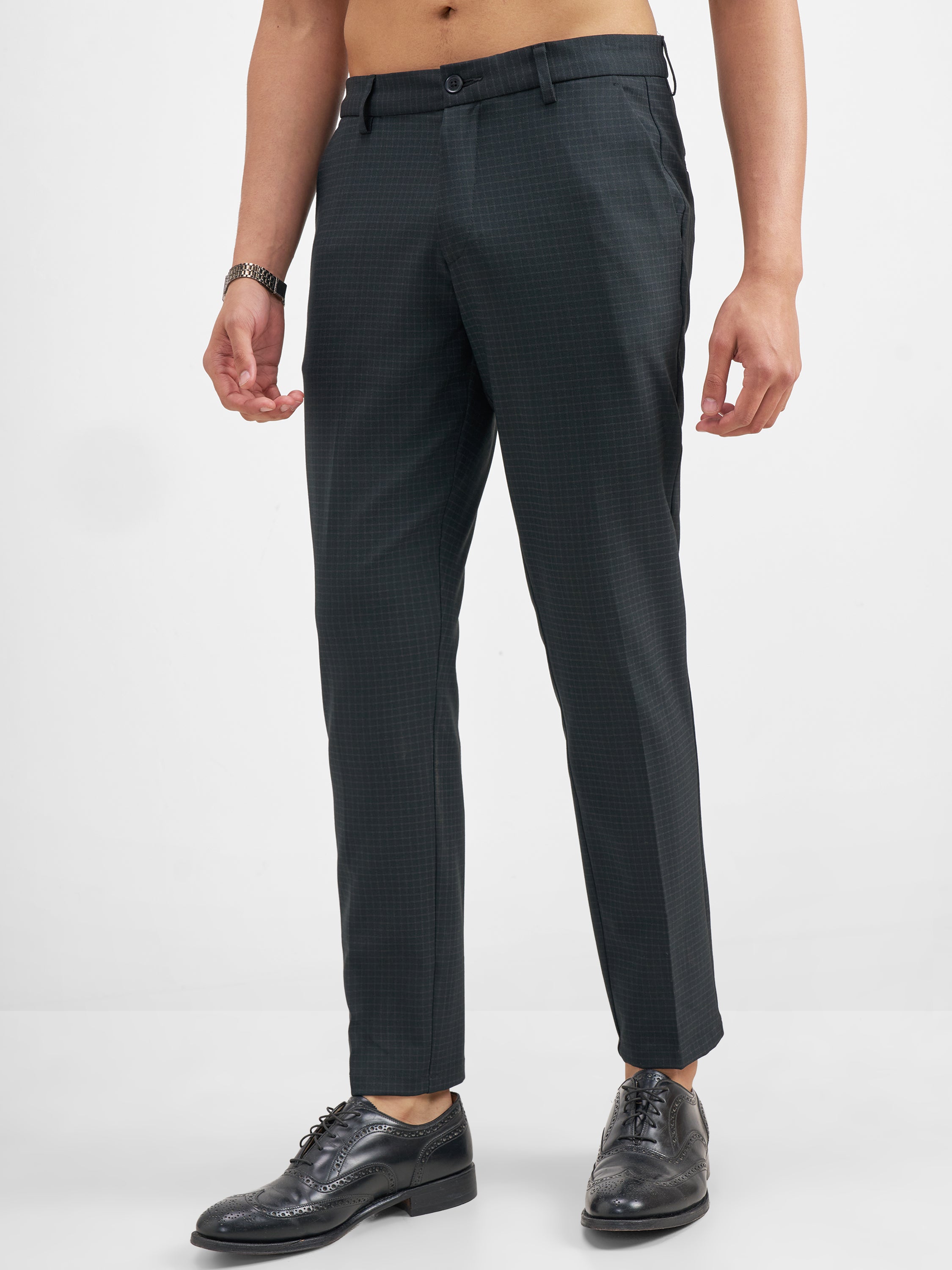 Highlander Men Black Slim Fit Checked Formal Trouser - Black - Image 4