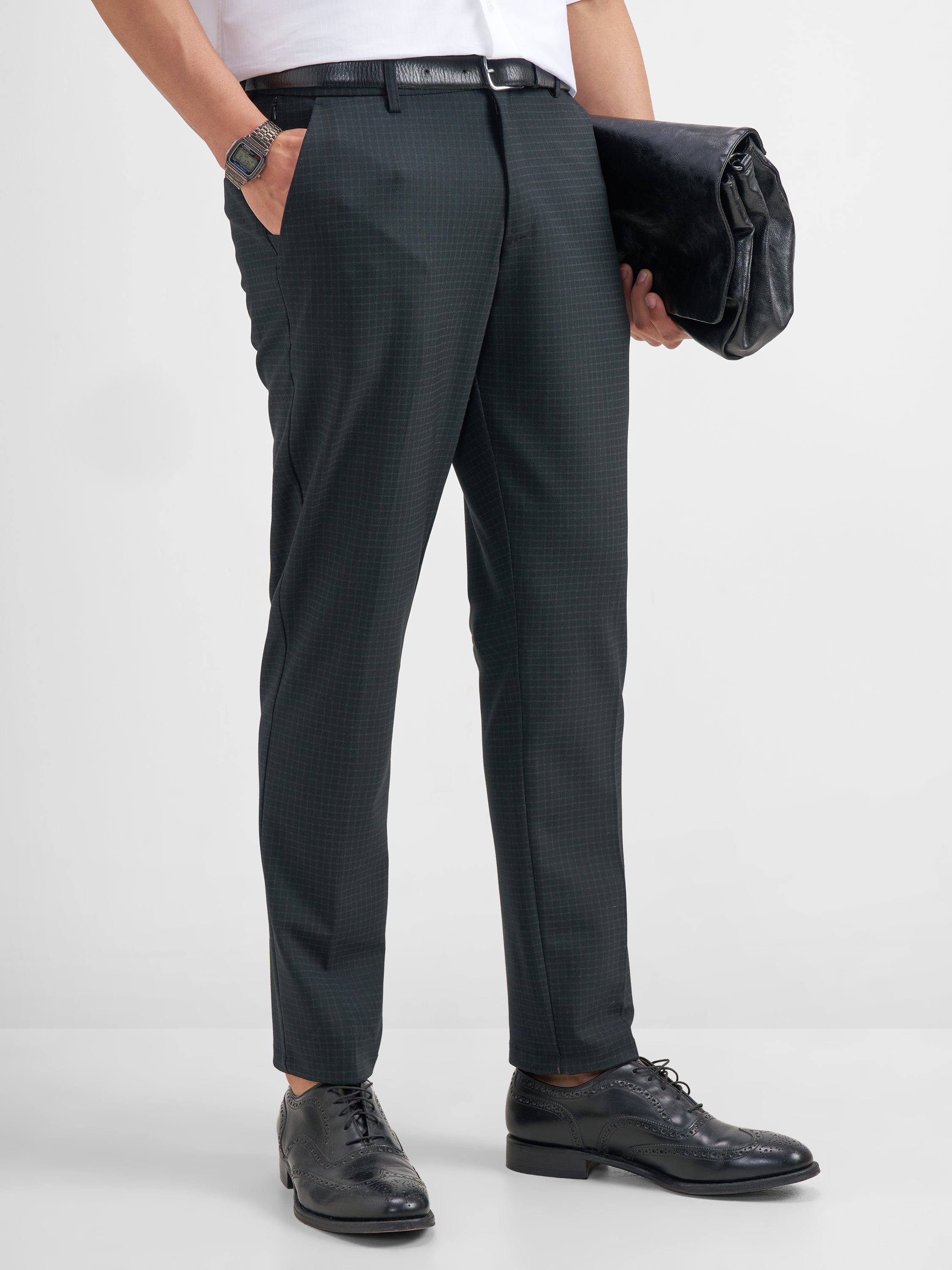 Highlander Men Black Slim Fit Checked Formal Trouser - Black - Image 6