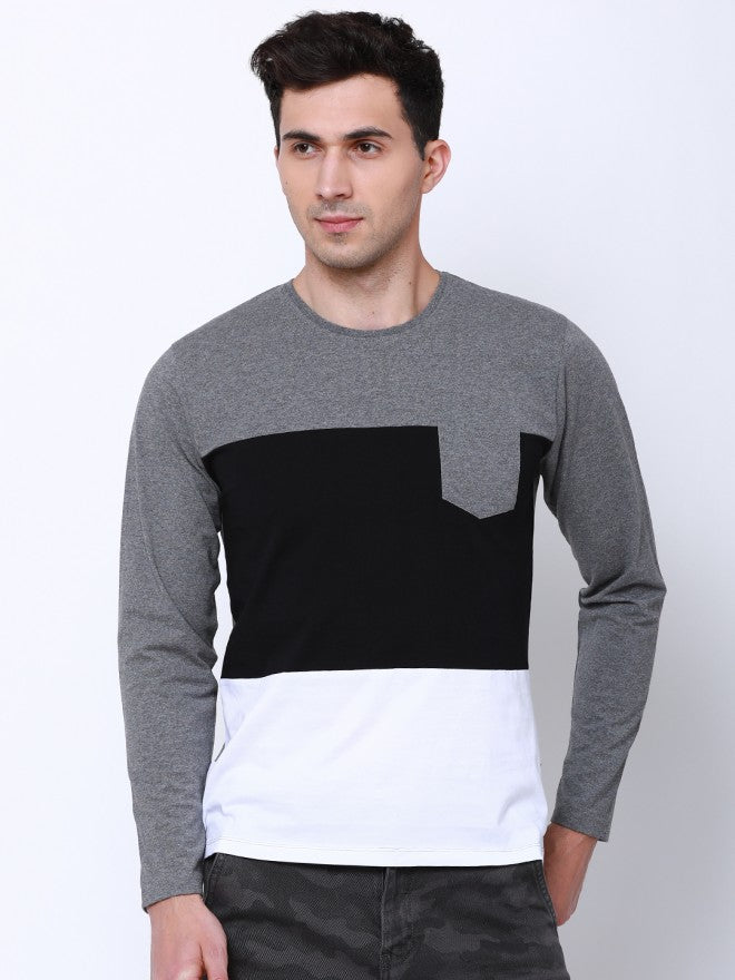Men Grey Colourblocked Round Neck Cotton T-shirt - Grey - Image 1