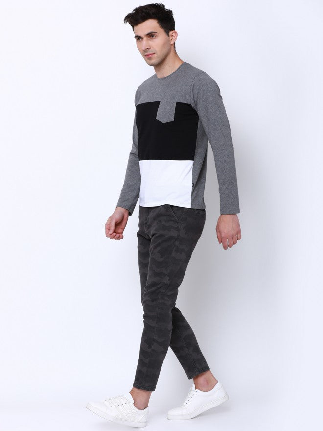 Men Grey Colourblocked Round Neck Cotton T-shirt - Grey - Image 2