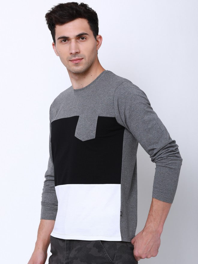 Men Grey Colourblocked Round Neck Cotton T-shirt - Grey - Image 4