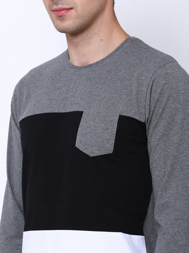 Men Grey Colourblocked Round Neck Cotton T-shirt - Grey - Image 5